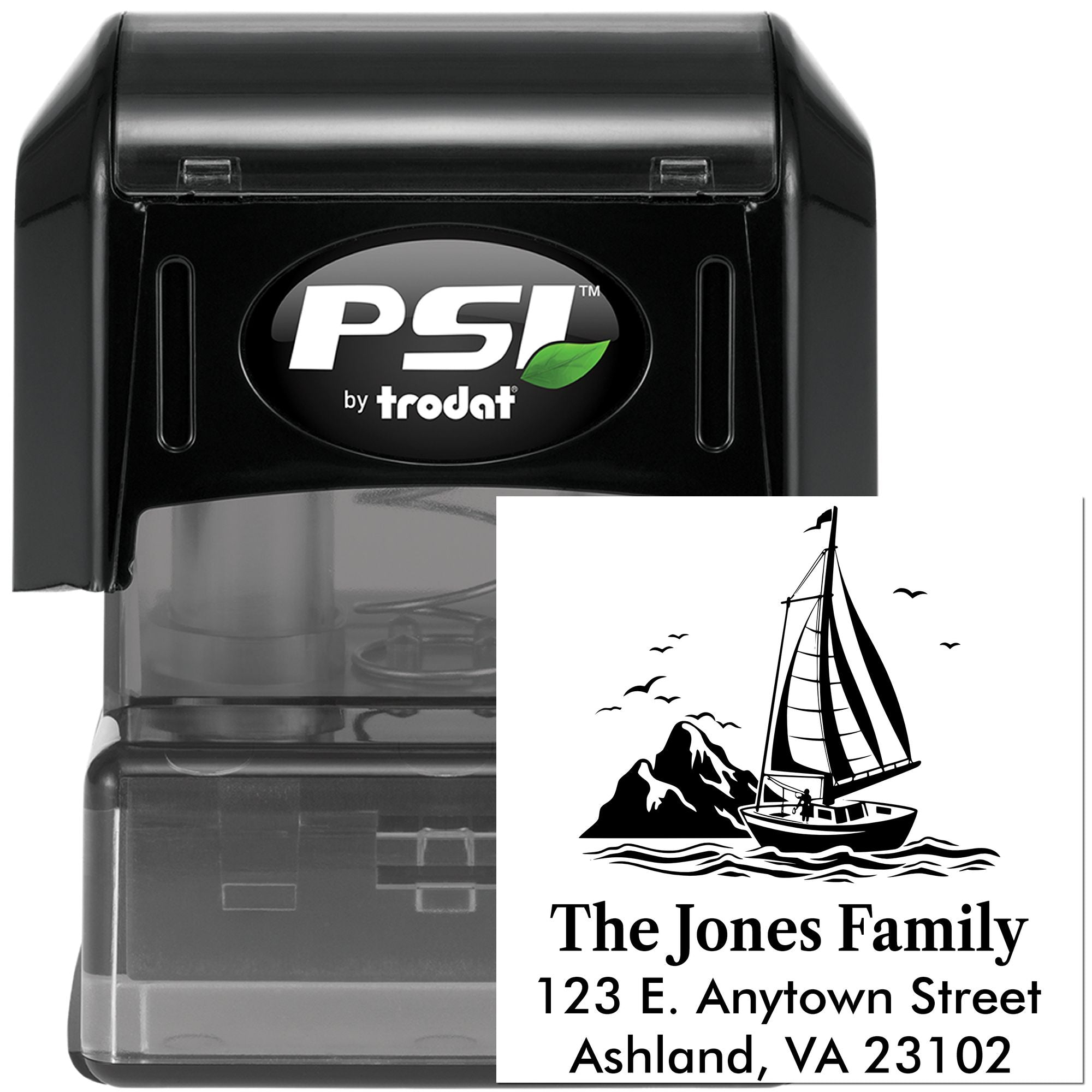 Self-inking PSI by Trodat custom address rubber stamp with sailboat family return address design
