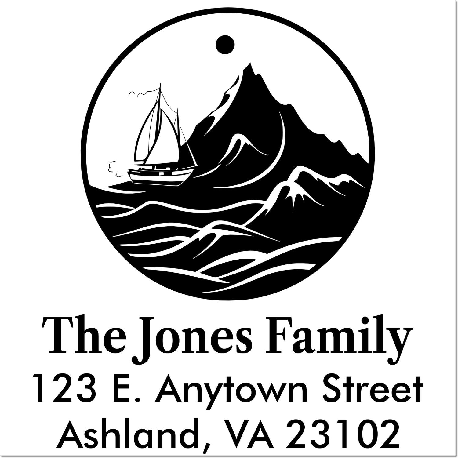 Custom return address rubber stamp with sailboat and mountain logo for The Jones Family, 123 E. Anytown Street, Ashland, VA 23102