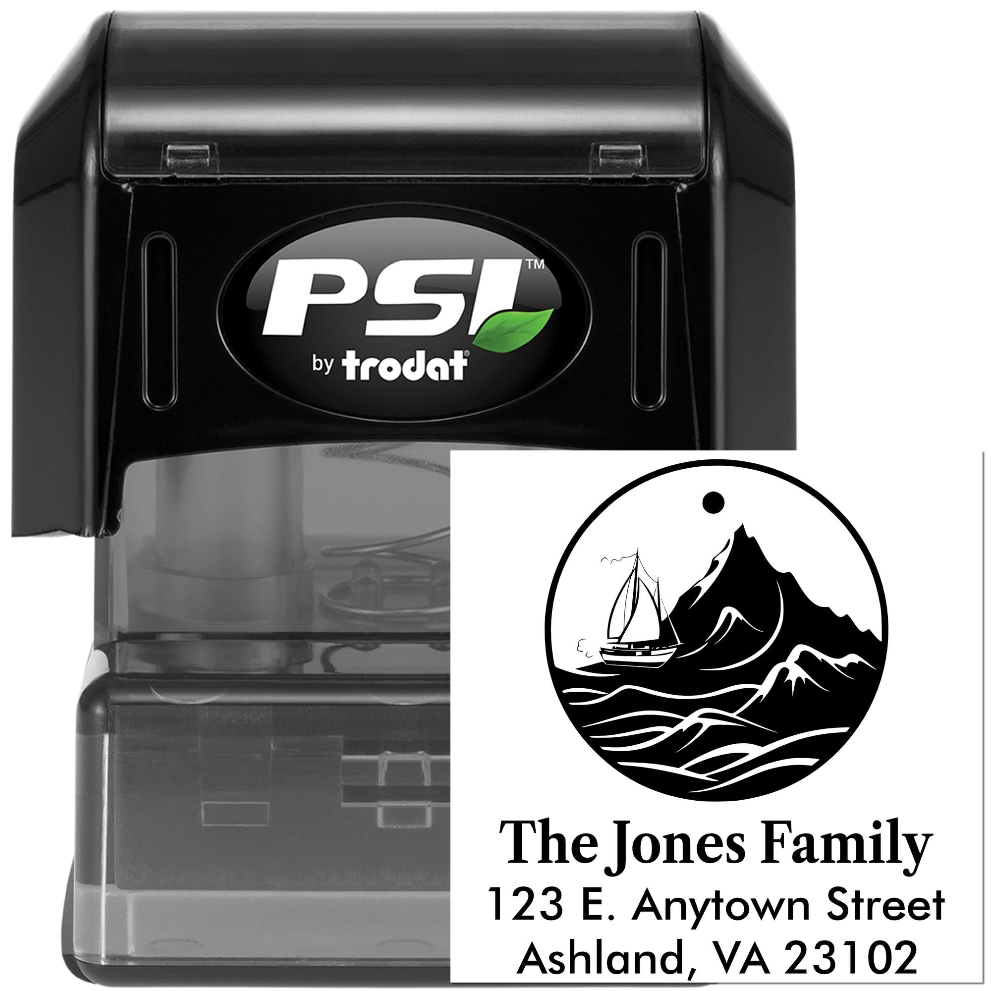 Personalized self-inking rubber address stamp with mountain sailboat family logo, PSI by Trodat.