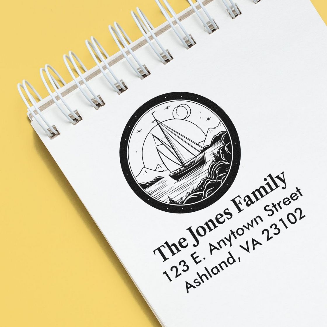 Custom address rubber stamp proof with sailboat logo for The Jones Family, Ashland VA.