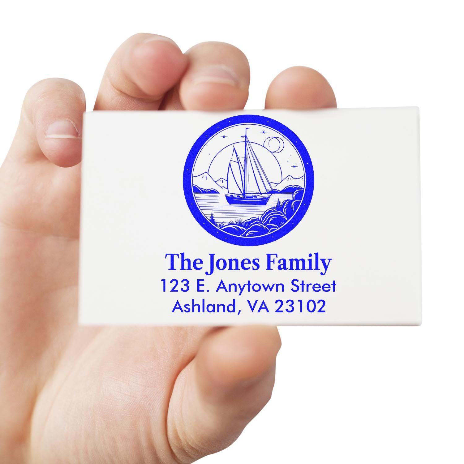Custom family return address rubber stamp with sailboat logo for personalized mailing and stationery.
