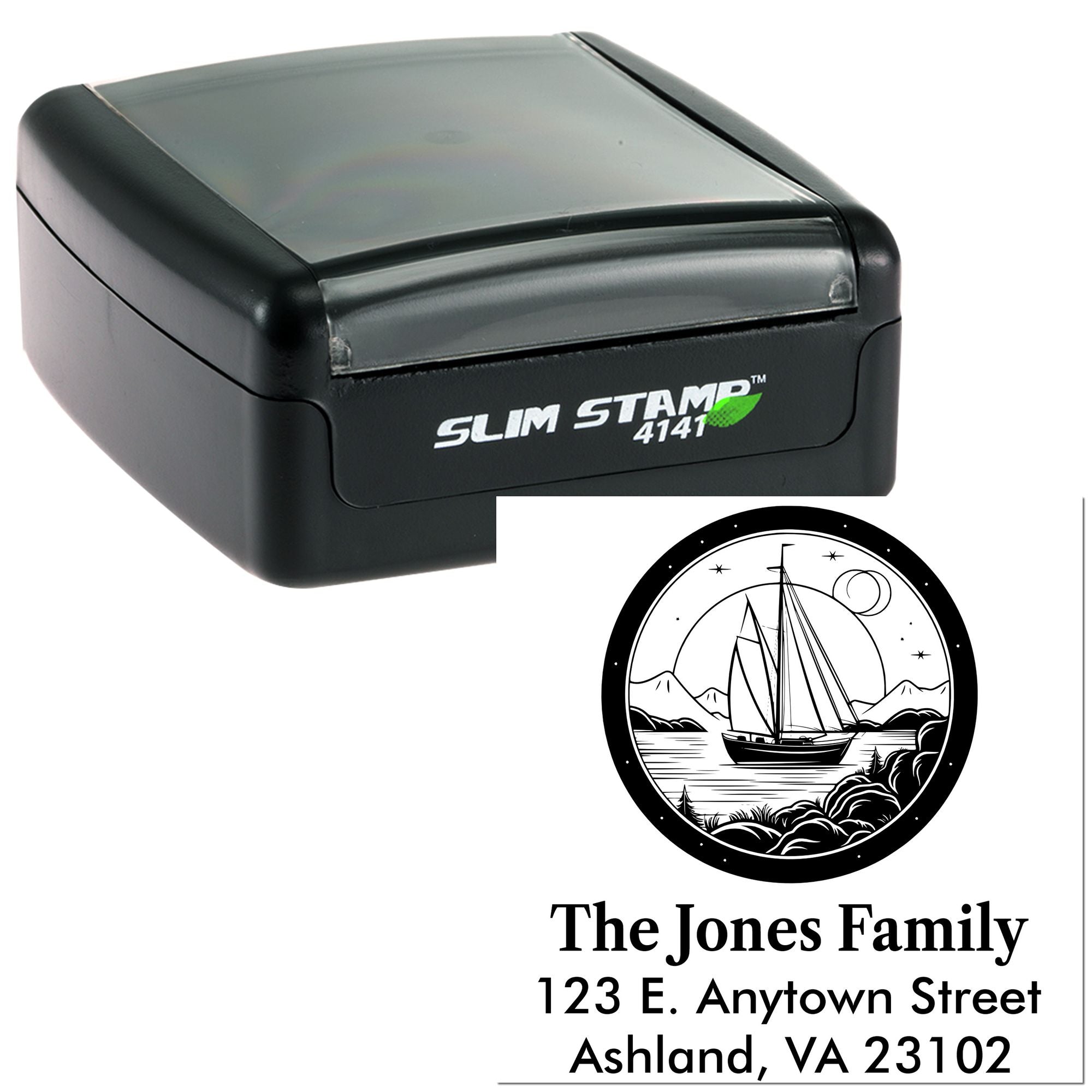 Custom self-inking rubber address stamp with sailboat design for personalized family mailing labels and envelopes.
