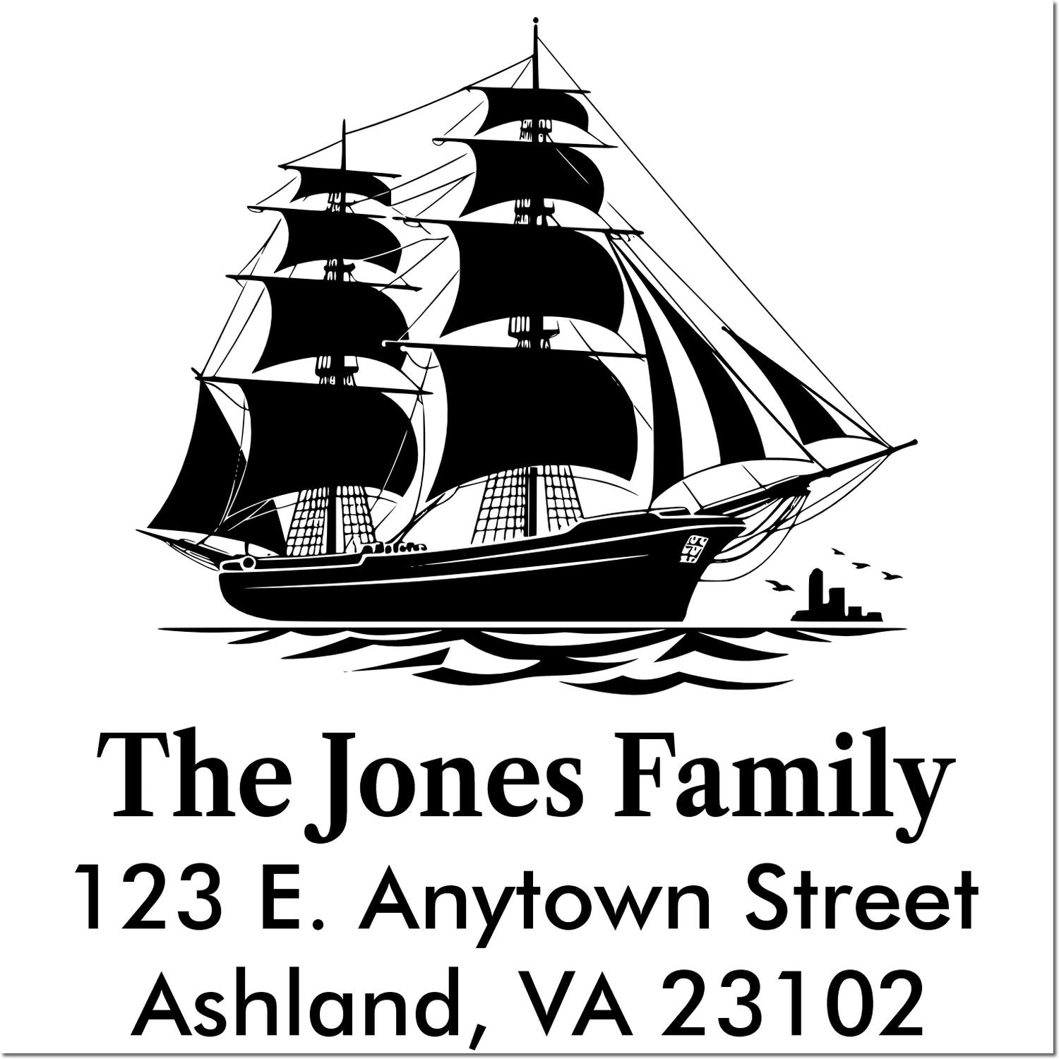 Custom family return address rubber stamp with sailing ship design for The Jones Family, 123 E. Anytown Street, Ashland, VA 23102.