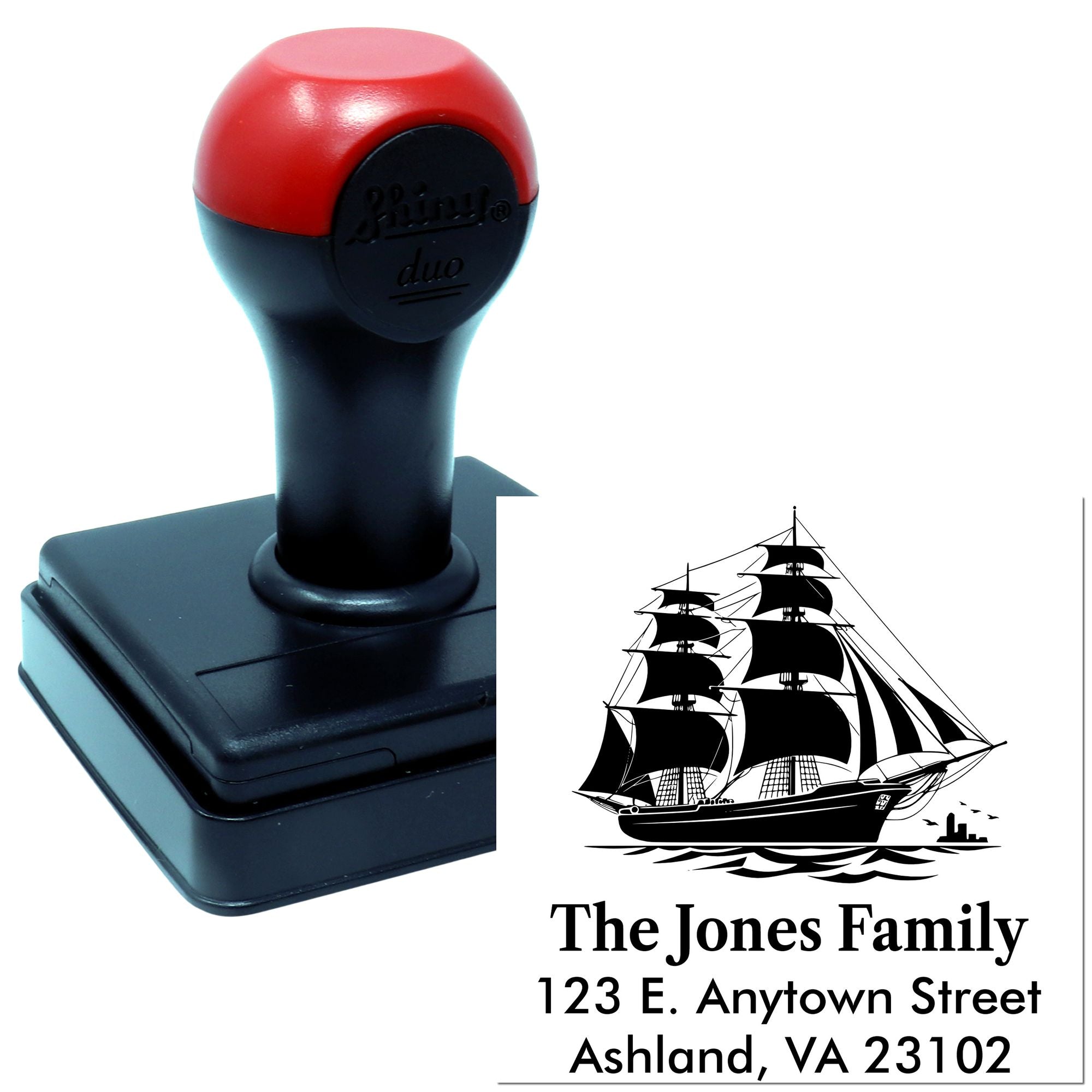 Custom return address rubber stamp with ship logo for The Jones Family, Ashland VA 23102, ideal for personalized mailing.