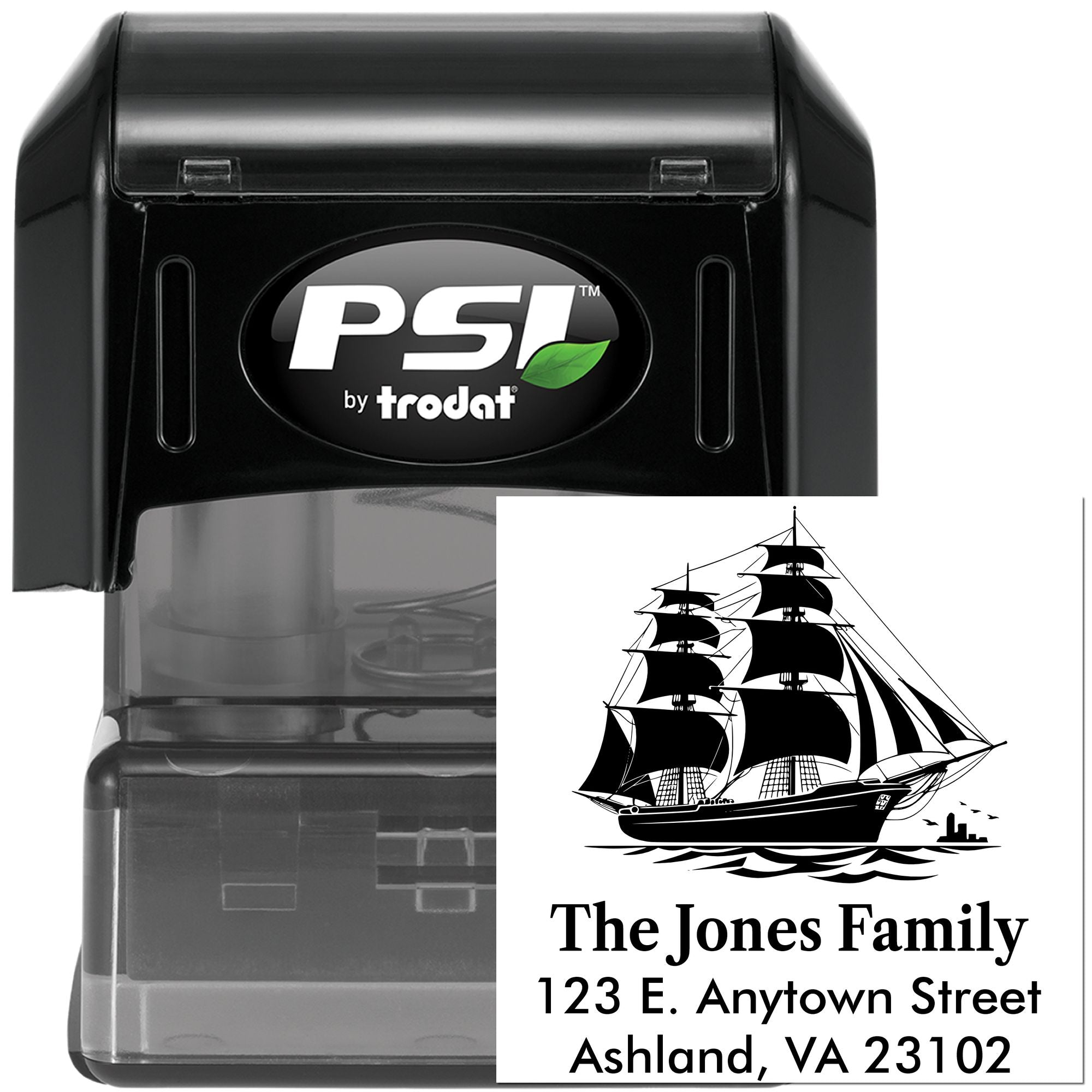 PSI by Trodat custom address rubber stamp with sailing ship design for The Jones Family, Ashland VA personalized mail stamp