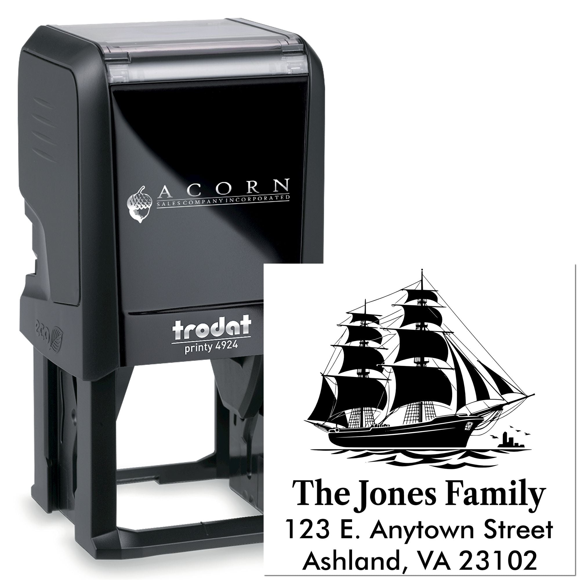 Personalized self-inking rubber stamp with ship design and family return address, Trodat Printy 4924 for mailing.
