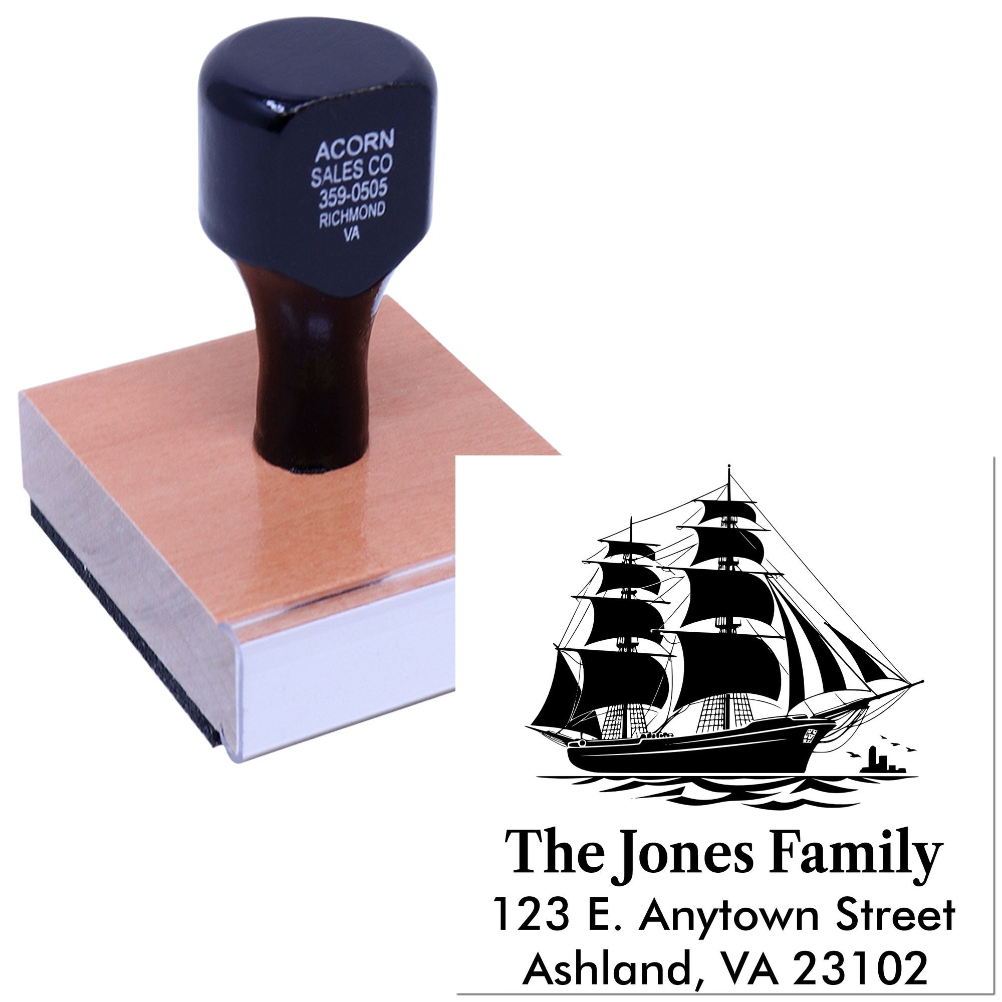 Personalized return address rubber stamp with ship logo, ideal for family mailings, envelopes, and stationery.