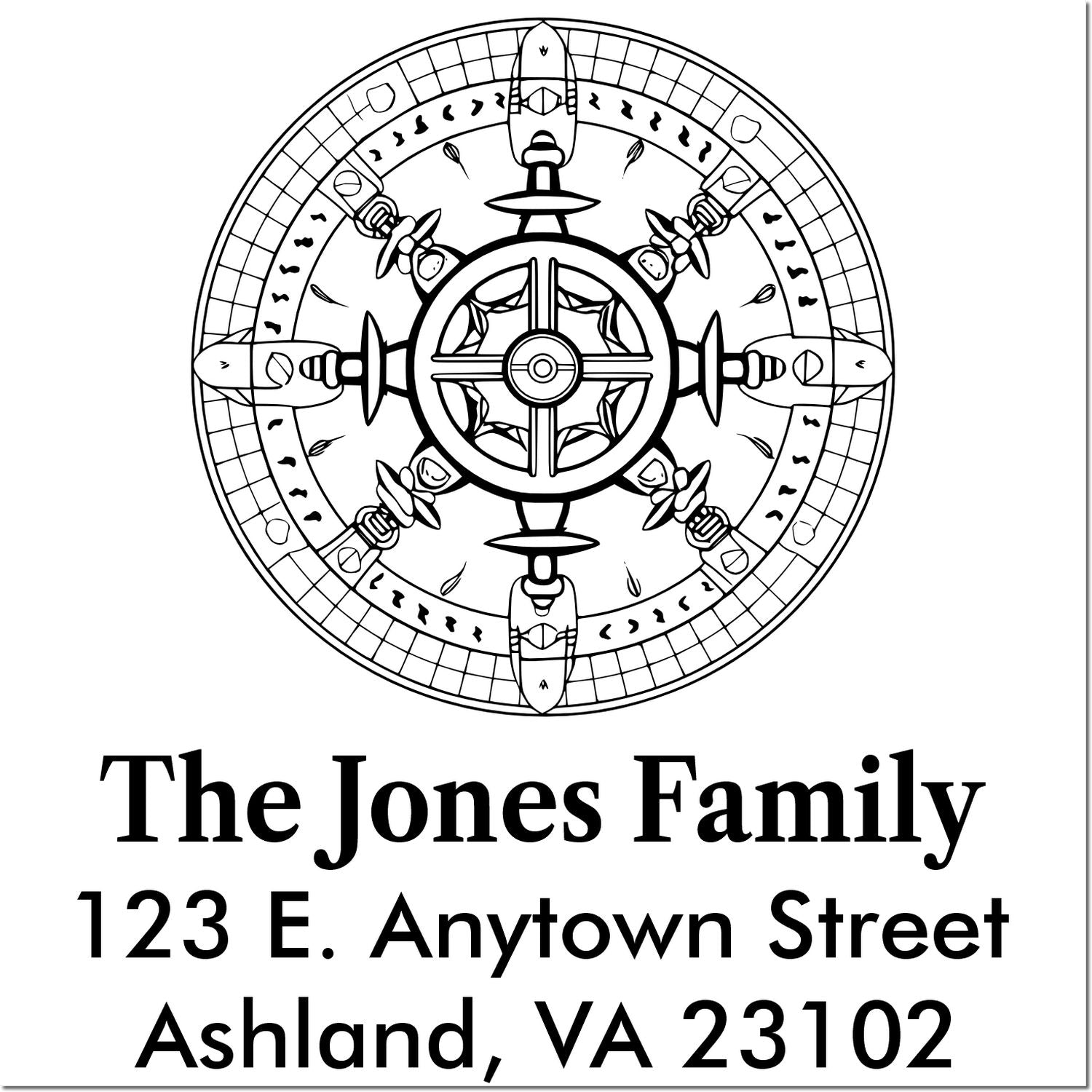 Personalized family return address rubber stamp with compass design for The Jones Family, Ashland, VA 23102.