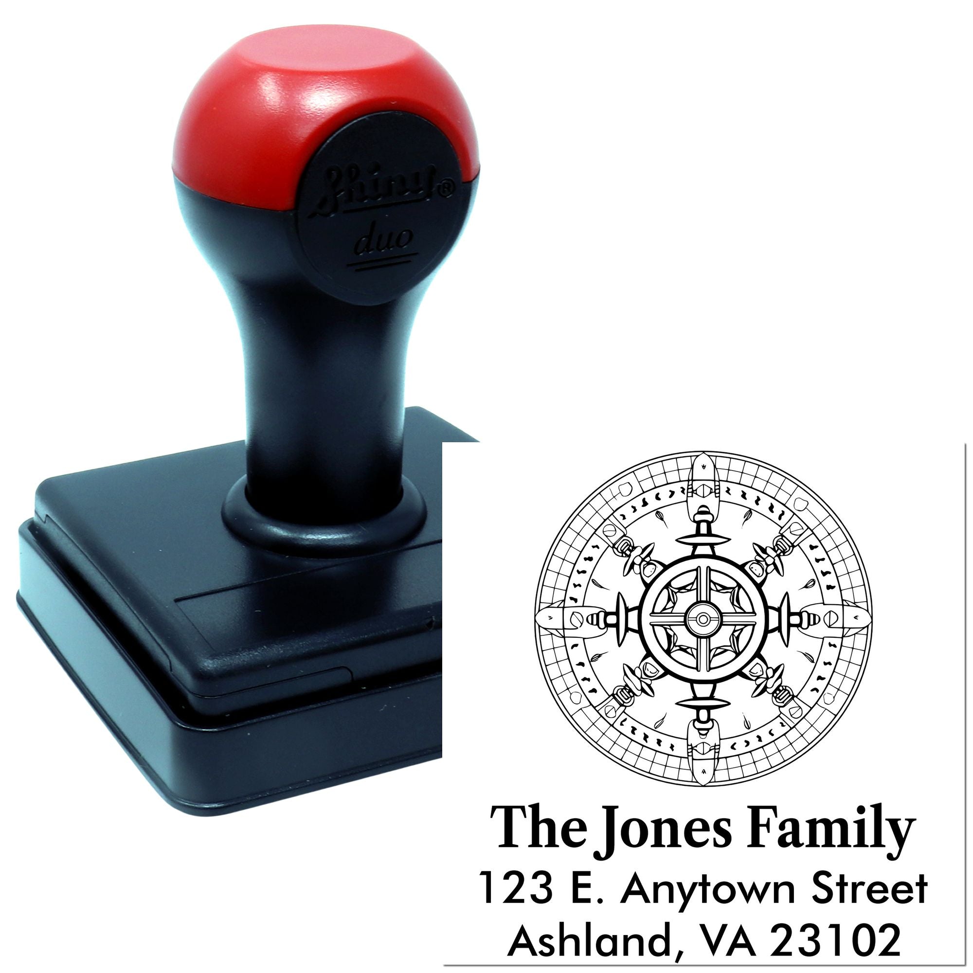 Custom self-inking address rubber stamp with decorative family monogram and return address imprint example