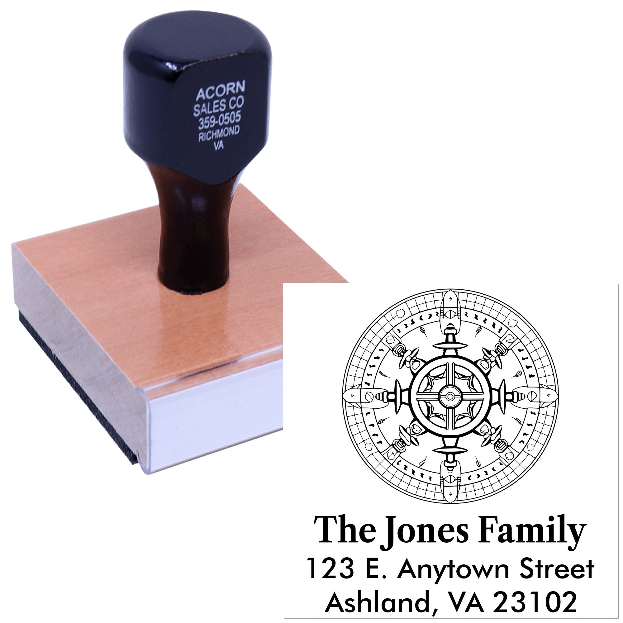 Personalized return address rubber stamp with family crest design for custom mailing labels.