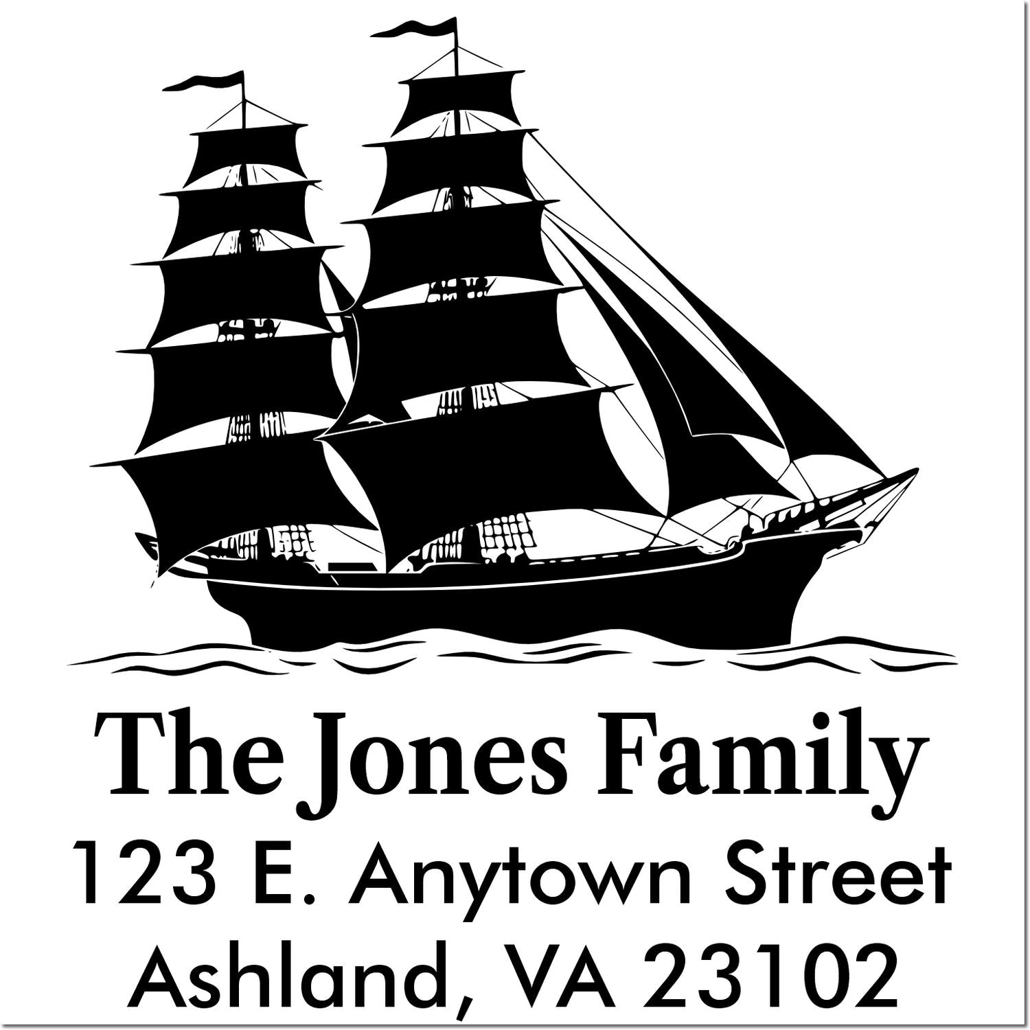 Custom family return address rubber stamp with sailing ship design for The Jones Family, Ashland, VA 23102