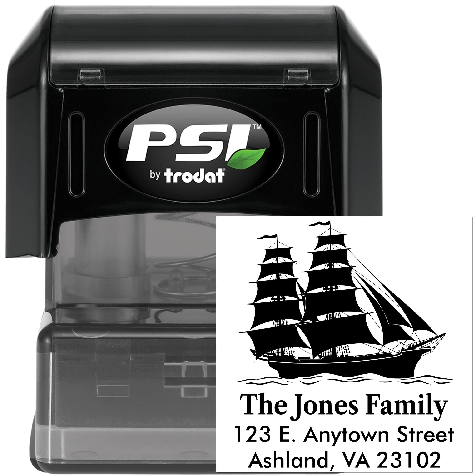 PSI by Trodat self-inking custom rubber stamp with ship logo and family address for personalized mailing and branding