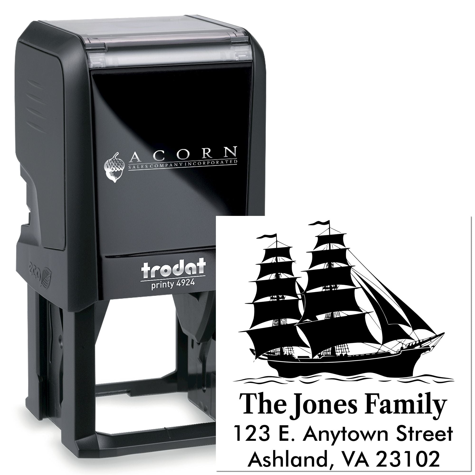 Custom self-inking rubber stamp with ship design and family address for personalized mailing and branding.