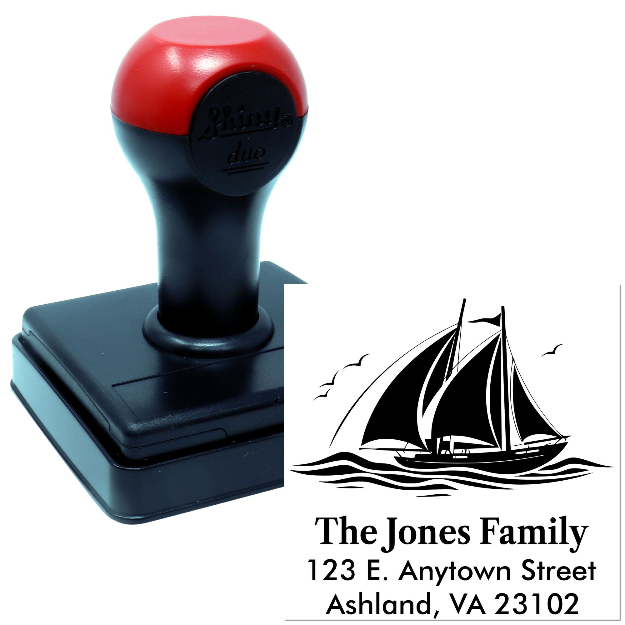 Custom self-inking rubber stamp with sailboat return address for The Jones Family, ideal for personalized mailings.
