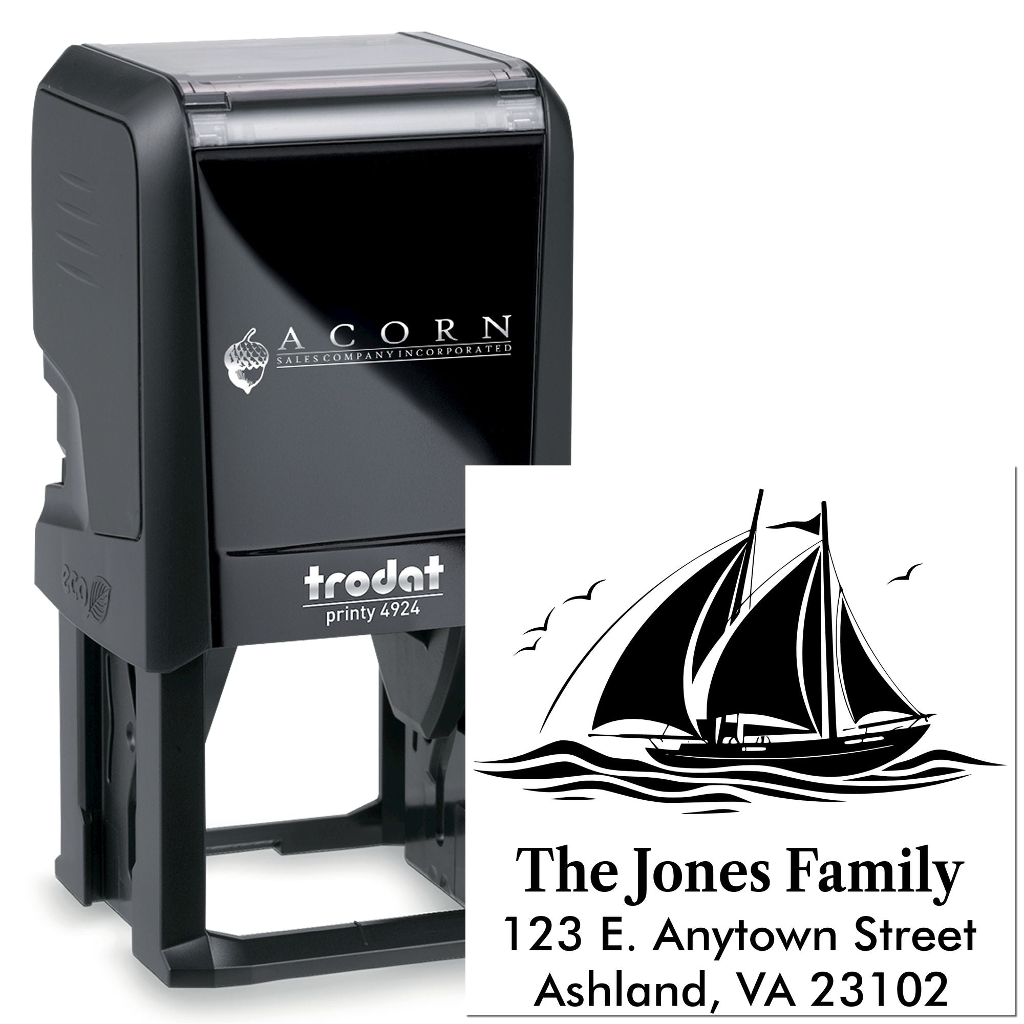 Trodat Printy 4924 self-inking rubber stamp with custom sailboat family address design