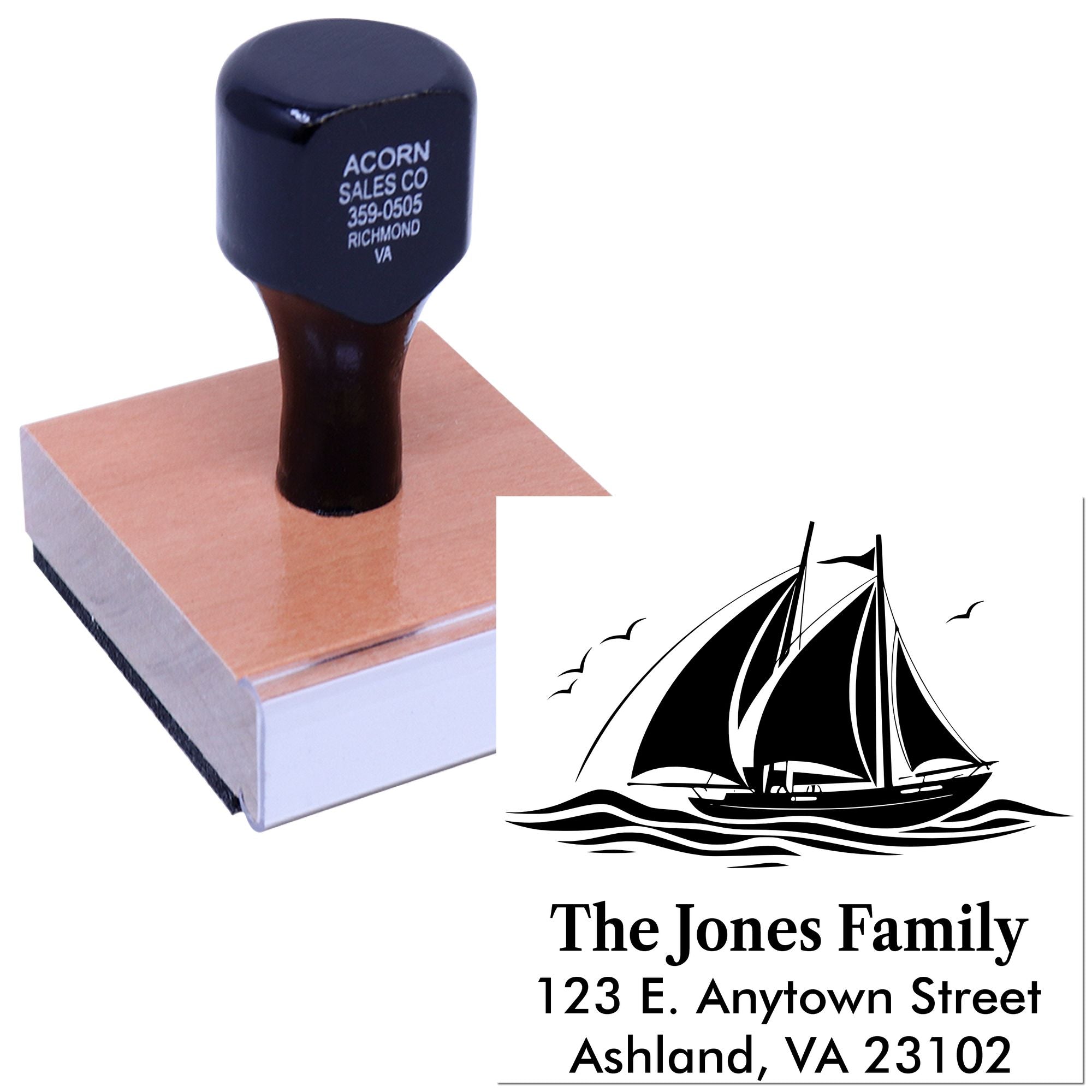 Personalized custom address rubber stamp with sailboat design for family return addresses on envelopes.