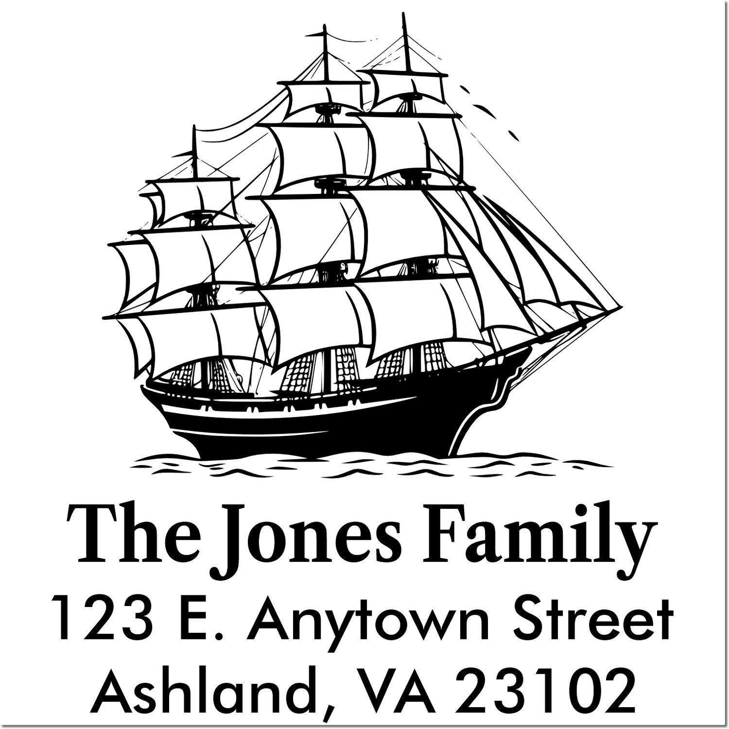 Custom rubber stamp with sailing ship illustration and personalized return address for The Jones Family, Ashland, VA 23102.