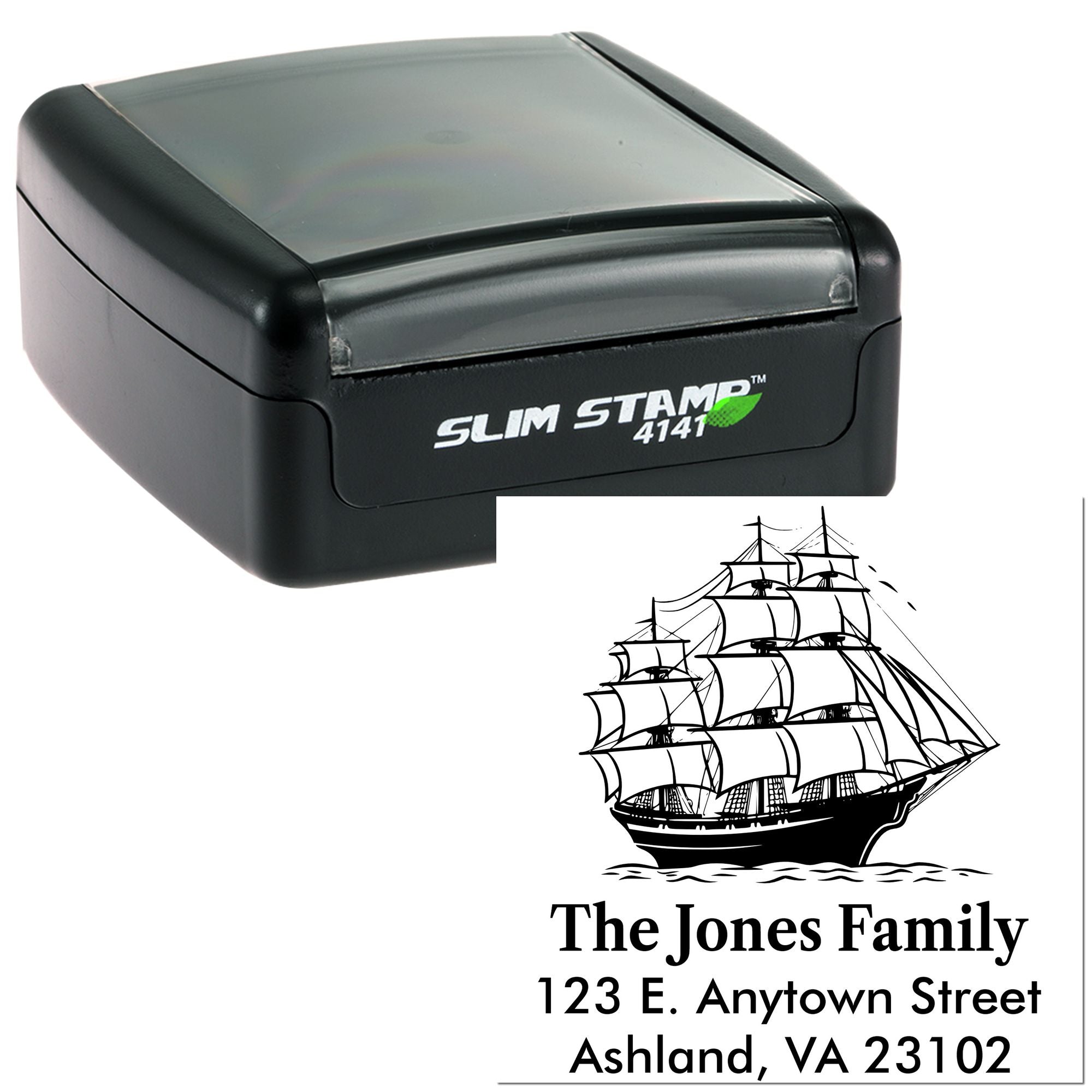 Custom self-inking rubber address stamp with ship design for The Jones Family, 123 E. Anytown Street, Ashland VA 23102.