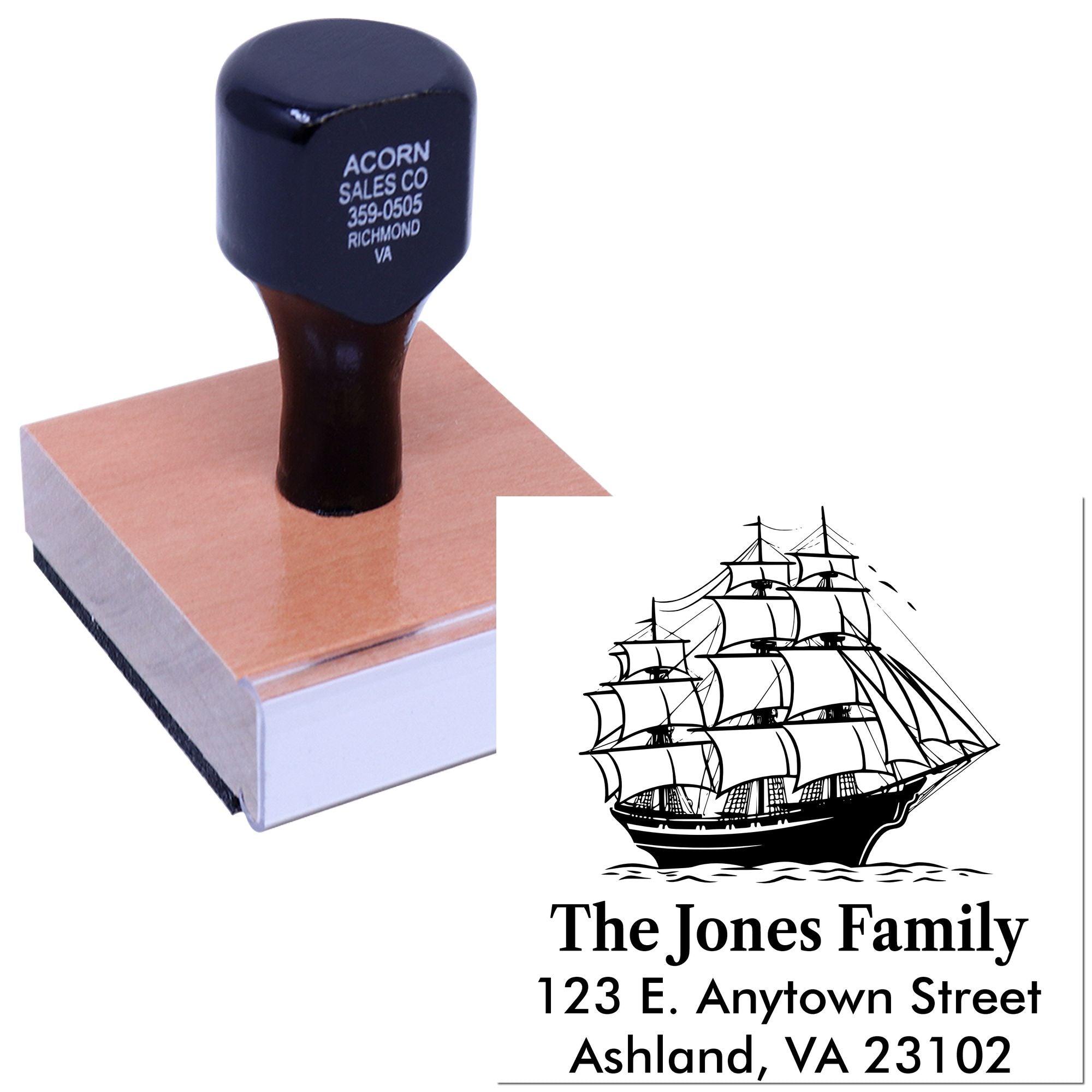 Custom family return address rubber stamp with sailing ship design for personalized mailing.