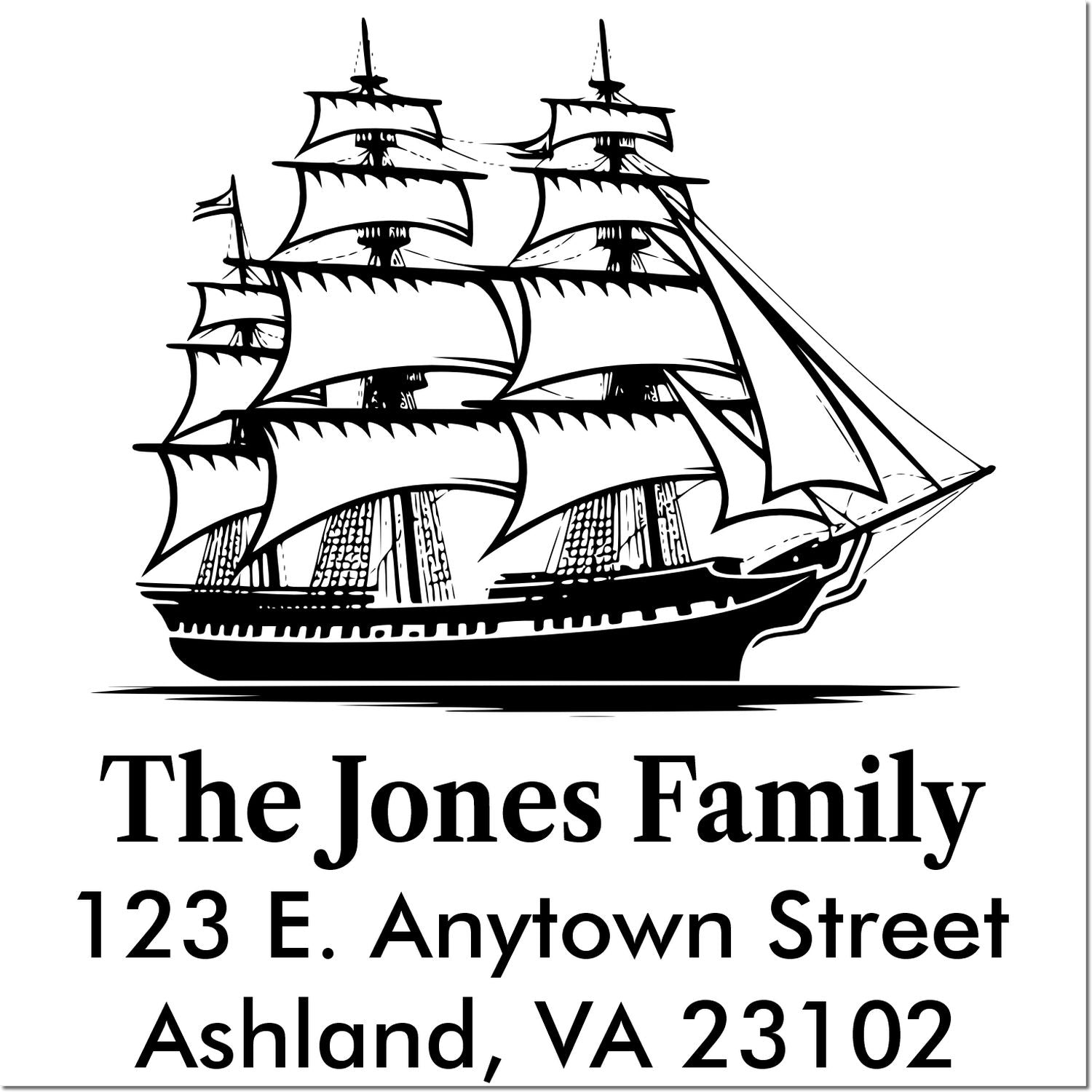 Custom sailboat family address rubber stamp for The Jones Family, 123 E. Anytown Street, Ashland, VA 23102