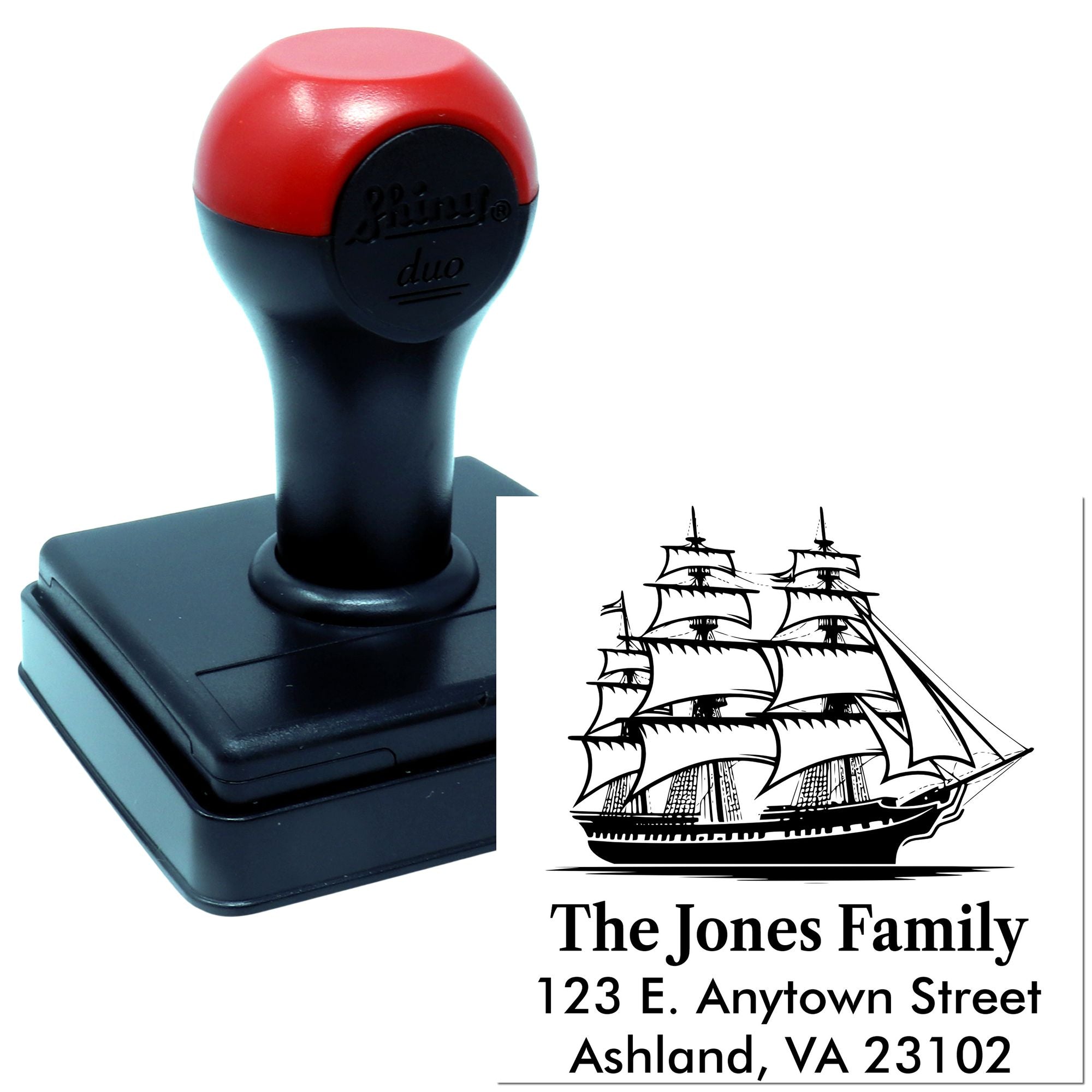 Personalized self-inking rubber address stamp with ship design for The Jones Family return address.