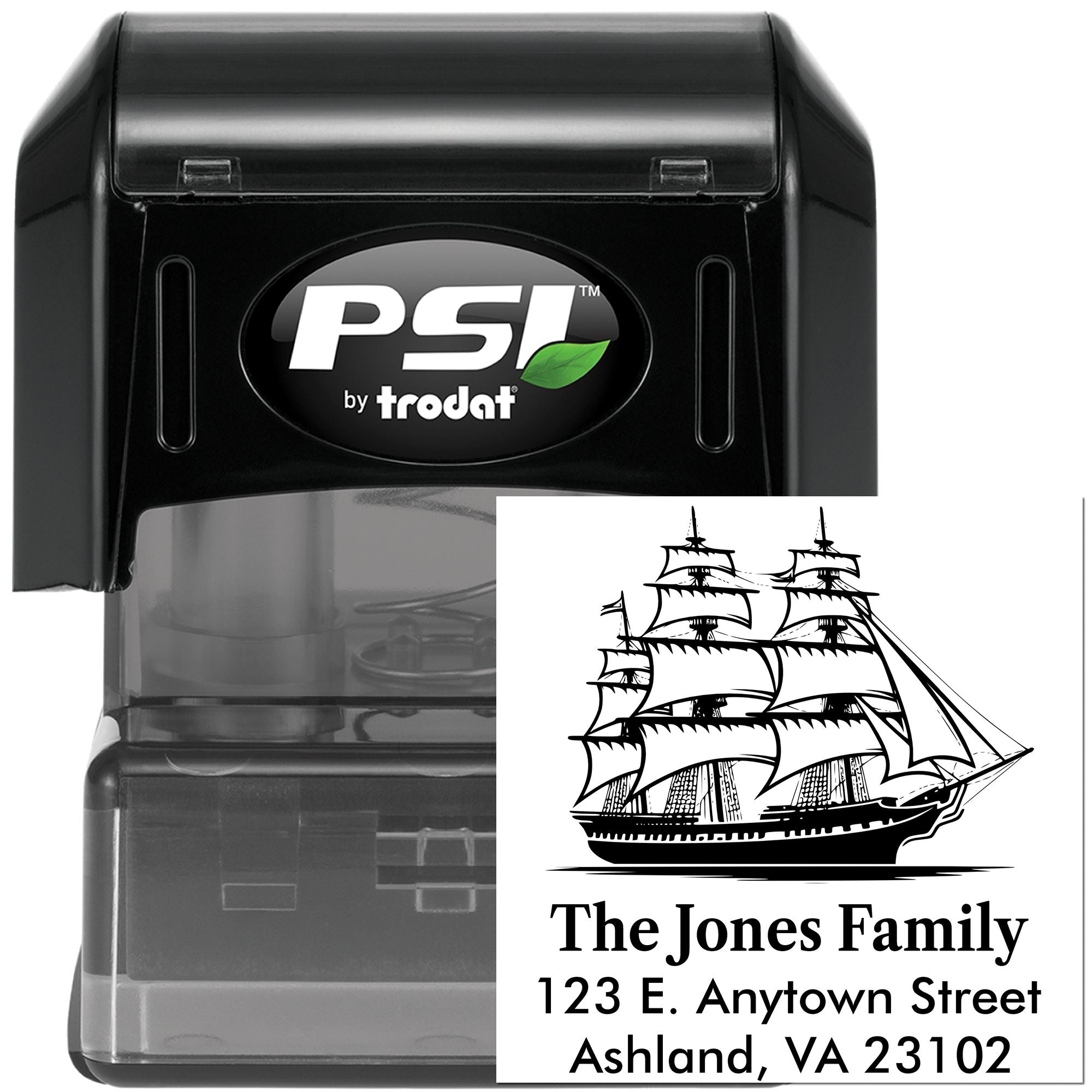 PSI by Trodat self-inking rubber address stamp with custom ship design for The Jones Family, Ashland, VA.