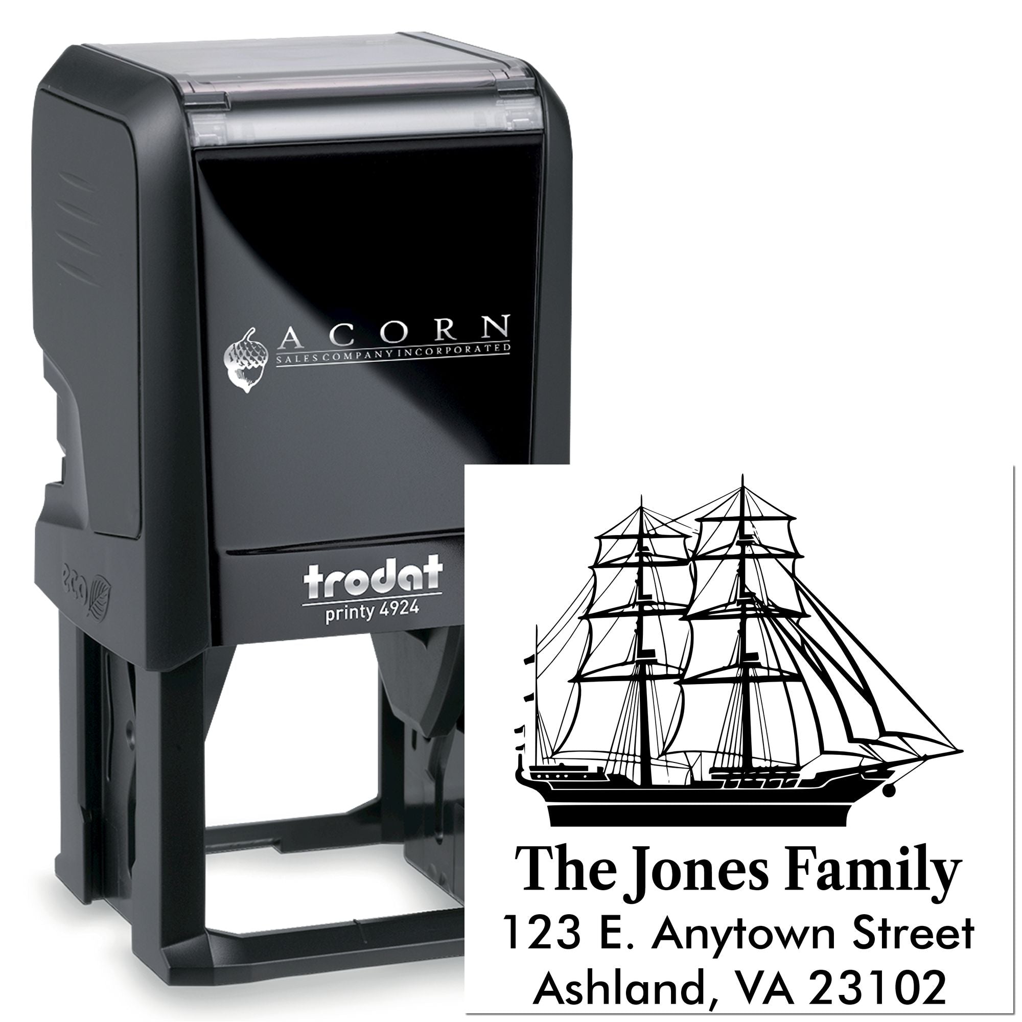 Trodat Printy 4924 custom self-inking rubber stamp with ship logo and return address for personalized mailing.