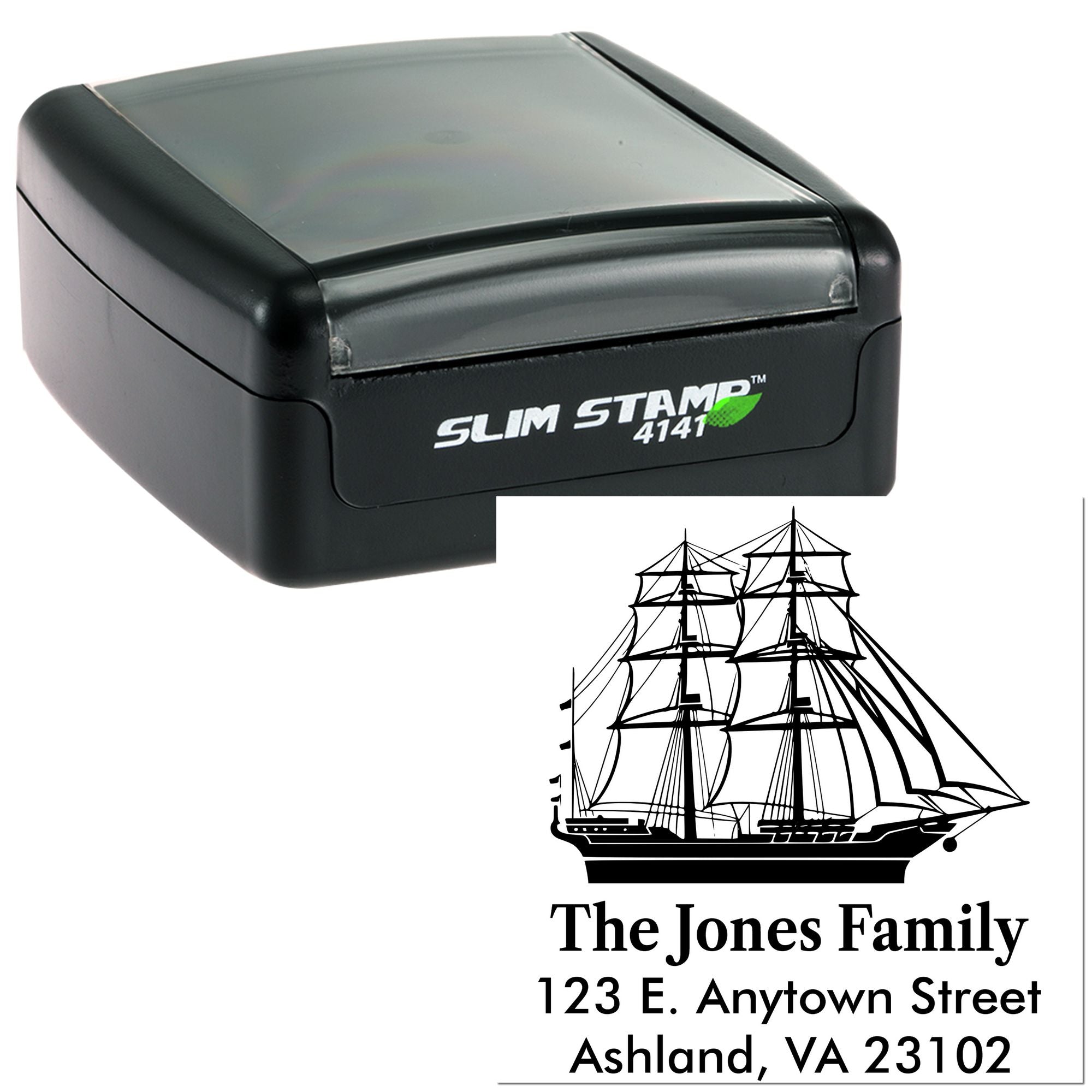 Slim self-inking rubber stamp with custom nautical return address for The Jones Family, Ashland, VA