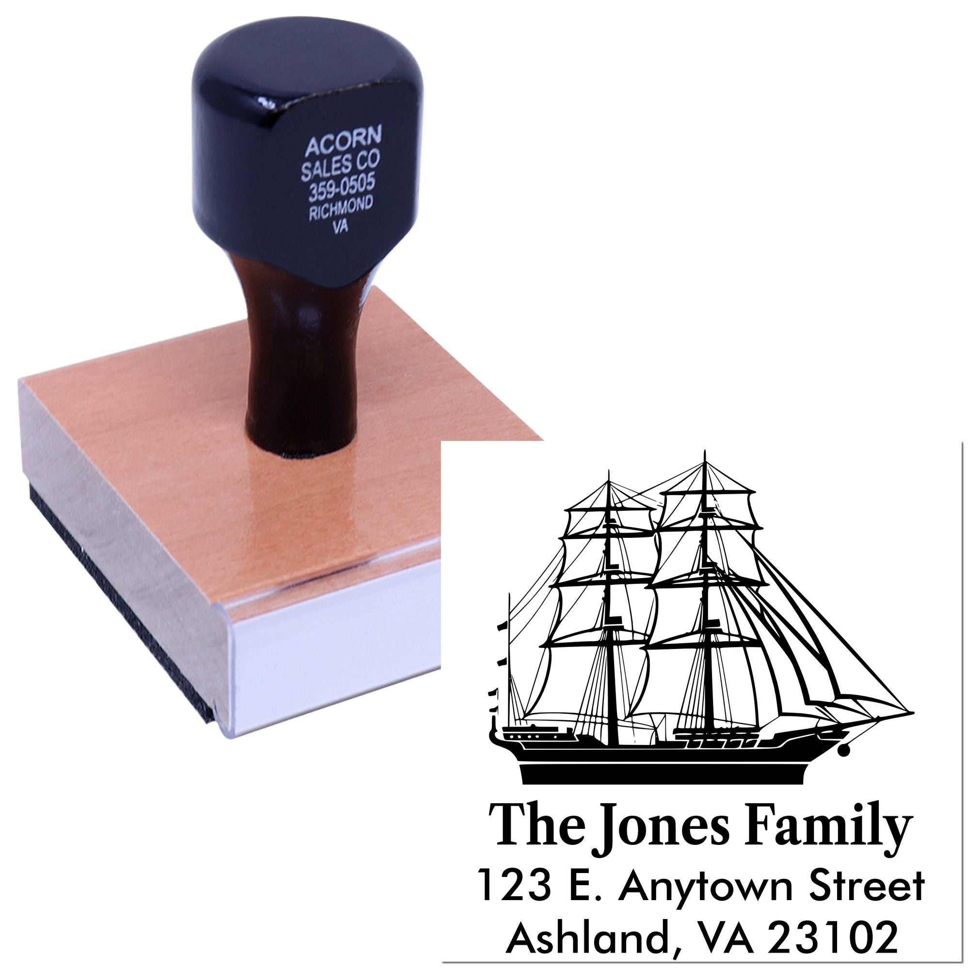 Personalized nautical address rubber stamp with sailboat design for family mailings and custom branding.
