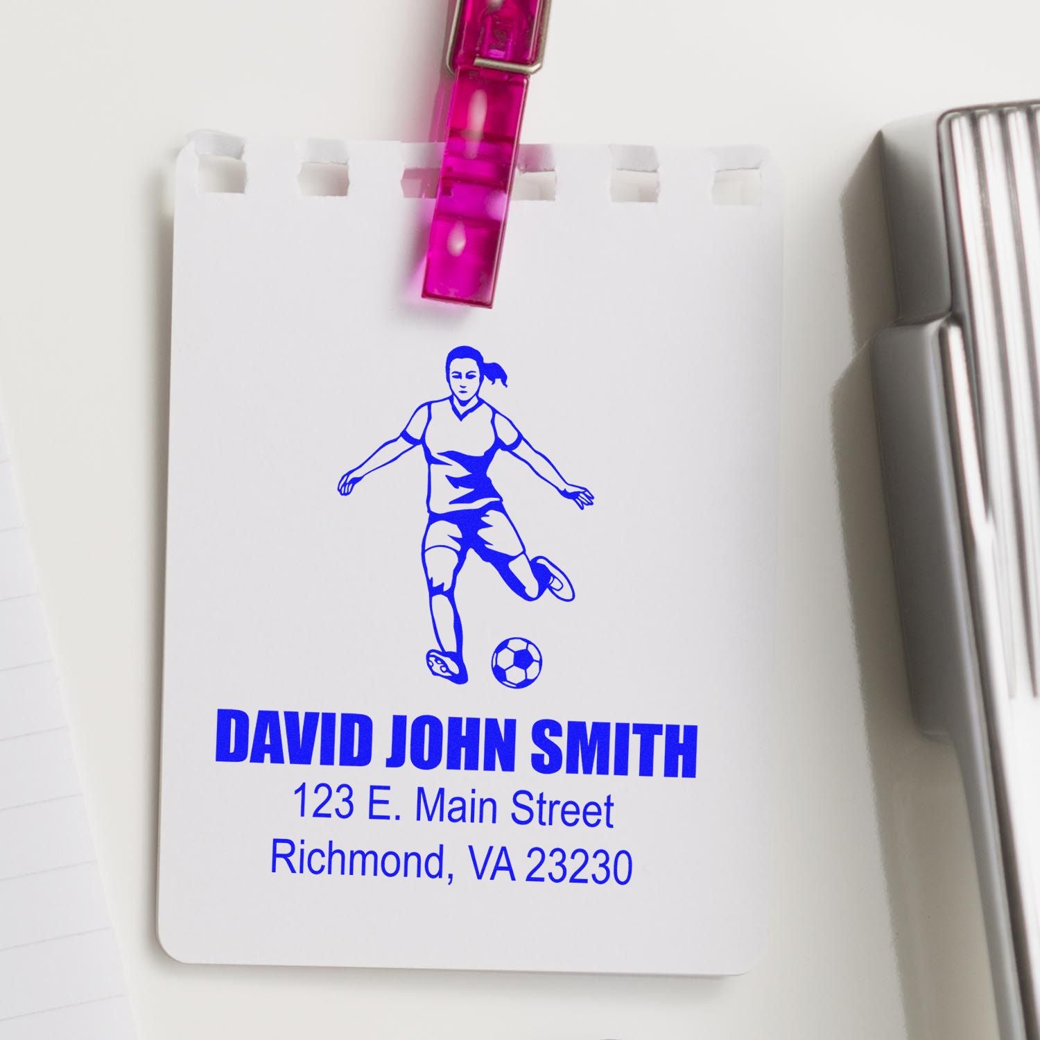Personalized soccer rubber stamp with name and address for David John Smith in Richmond, VA.