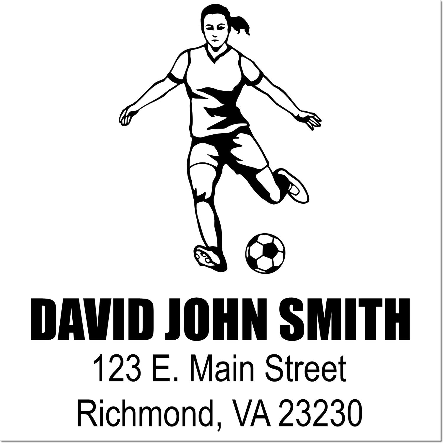 Custom soccer player return address rubber stamp for David John Smith, 123 E. Main Street, Richmond, VA 23230.
