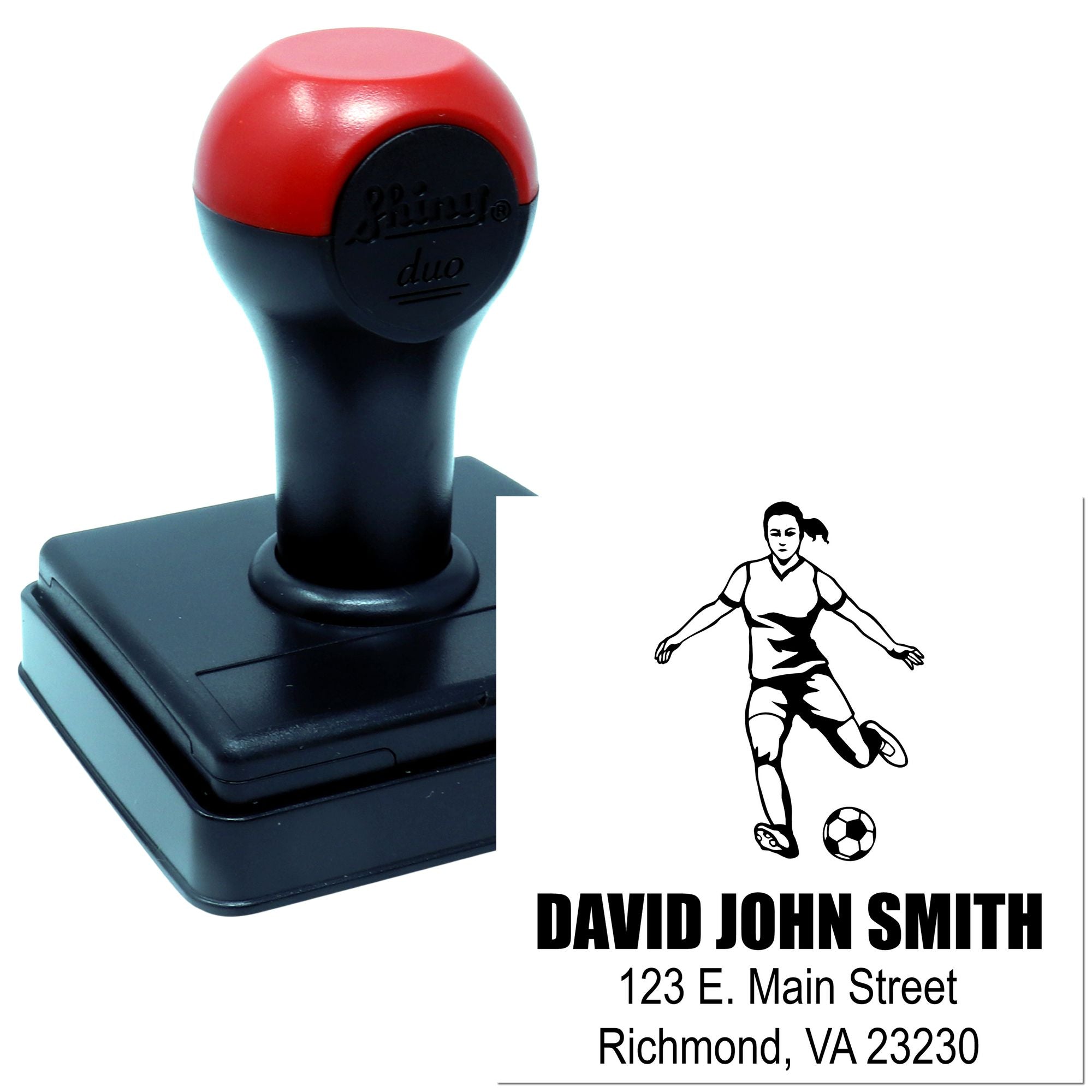 Custom self-inking rubber stamp with soccer player design and personalized name and address for mailing and branding.