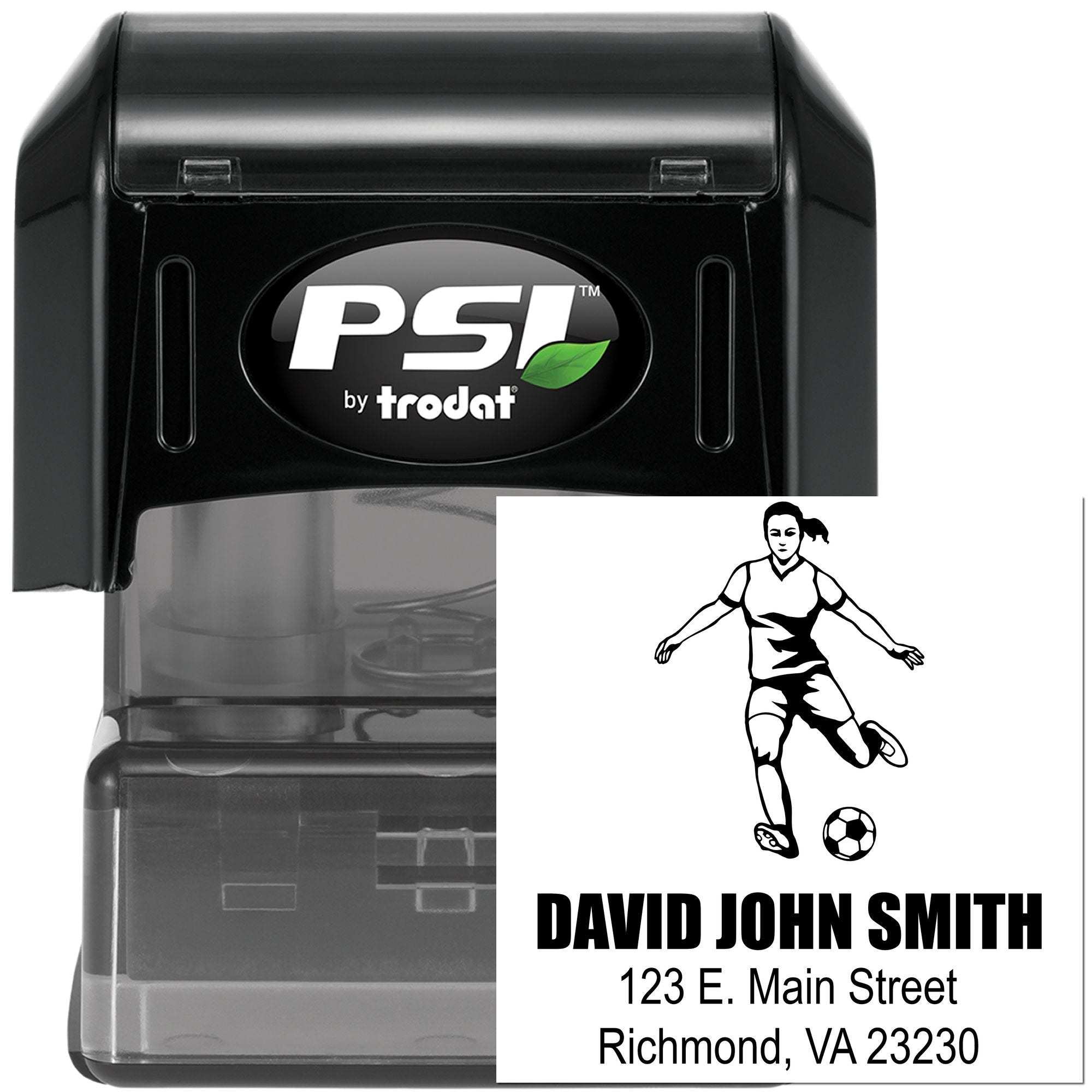 PSI by Trodat self-inking custom rubber stamp with soccer player design, name, and address imprint