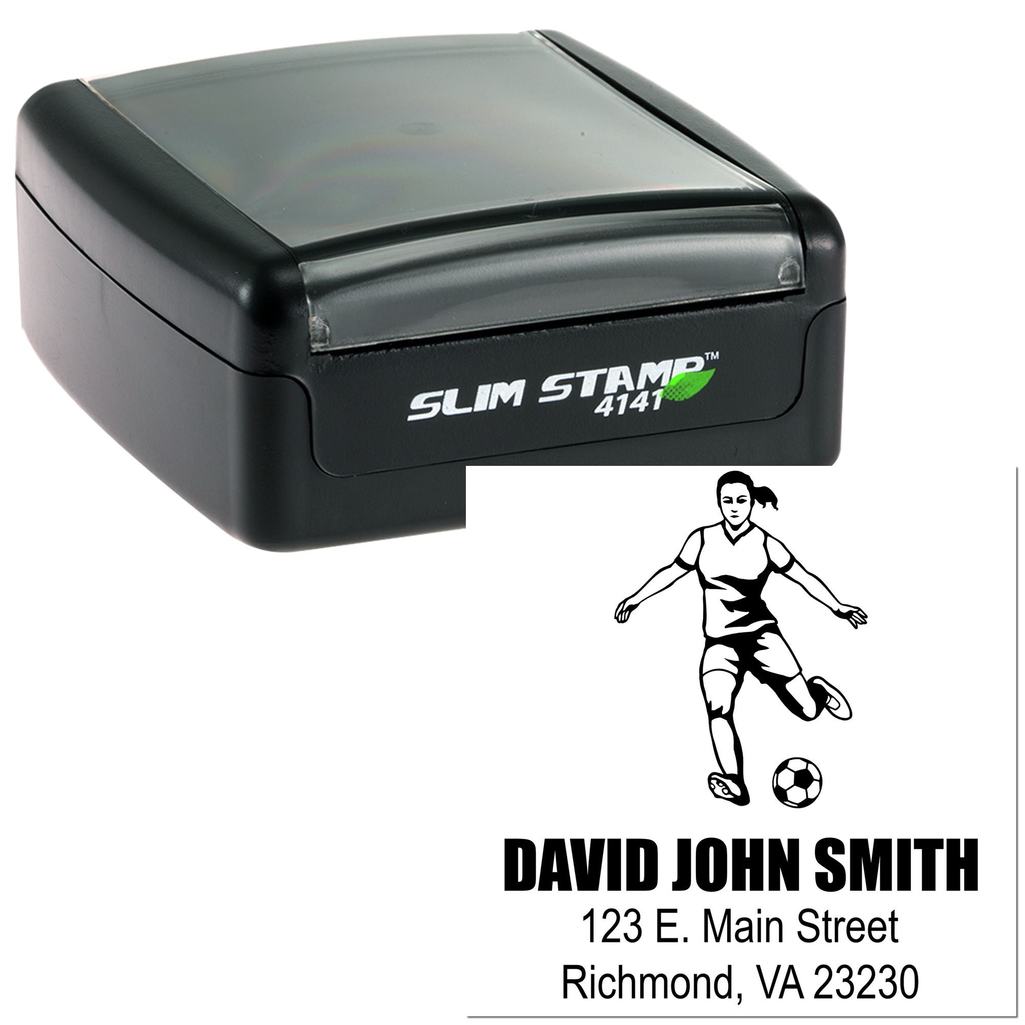 Custom self-inking soccer rubber stamp with player graphic and personalized name, street, city and ZIP.