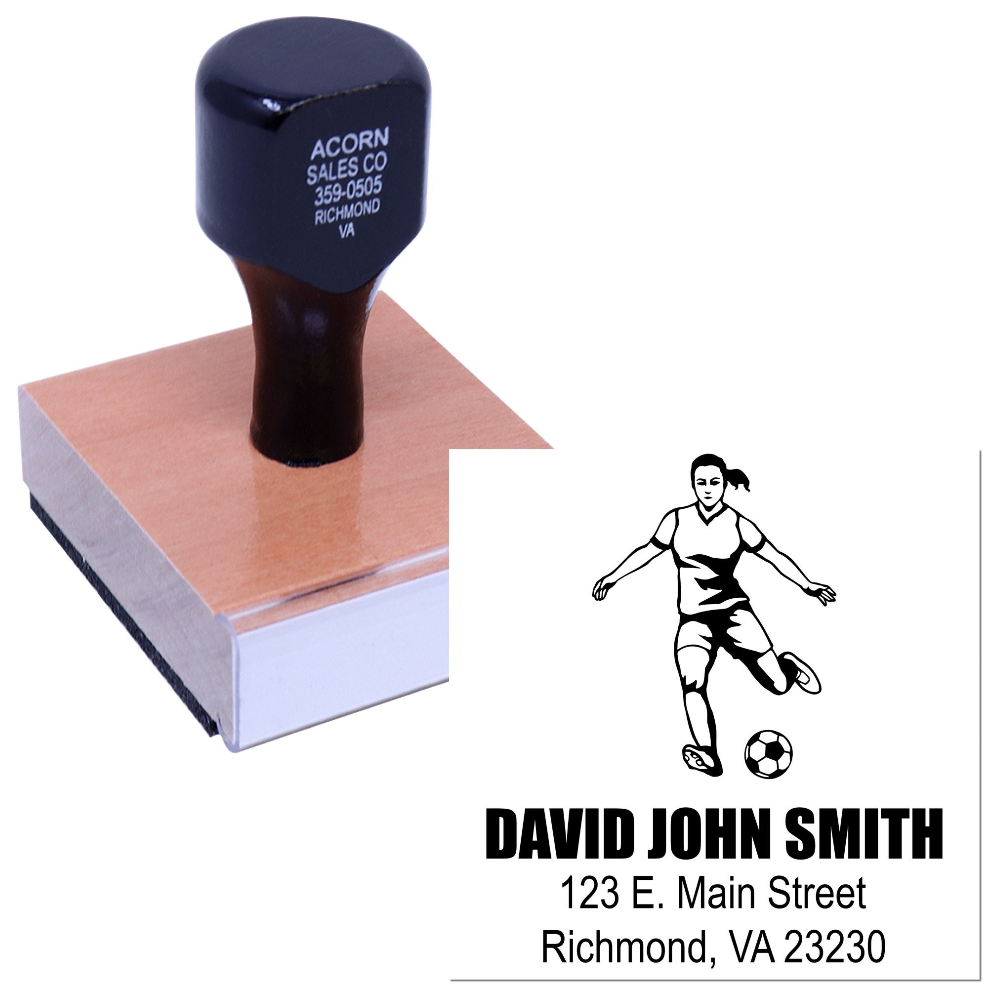 Custom rubber stamp with soccer player logo and return address for David John Smith, Richmond, VA 23230.