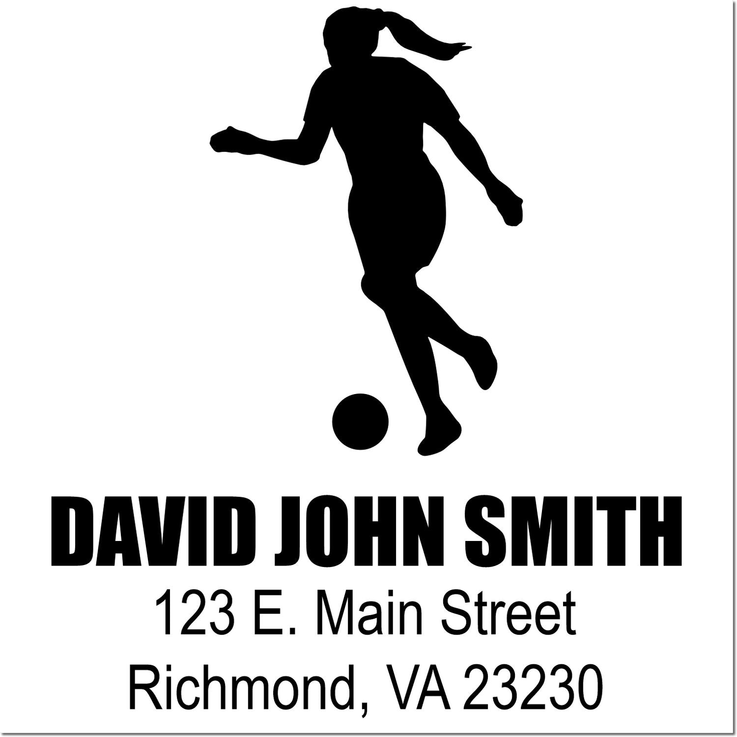 Custom soccer rubber stamp with player silhouette, David John Smith, 123 E. Main Street, Richmond, VA 23230.