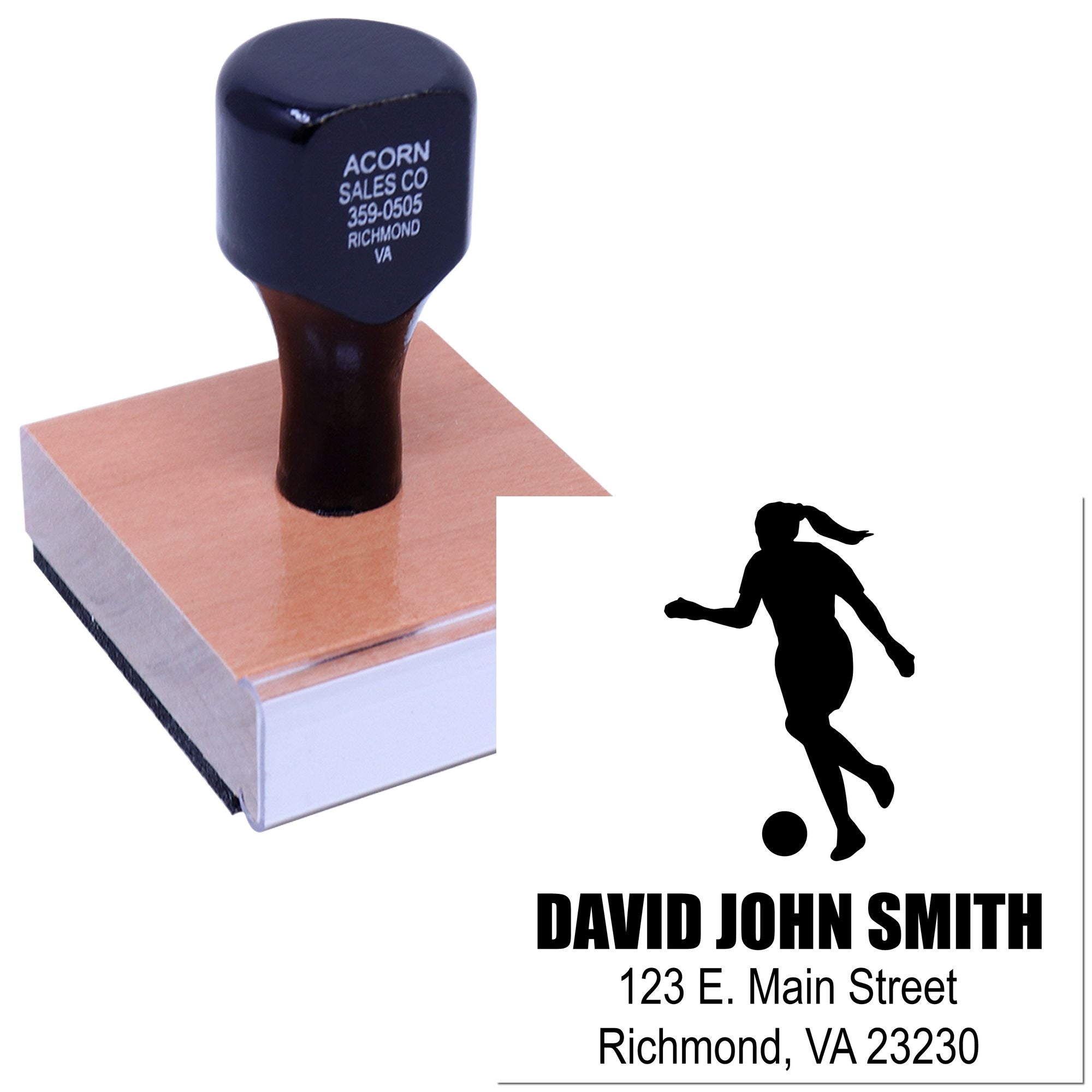 Custom rubber stamp with soccer player logo, David John Smith name, and Richmond VA address for personalized return mail.