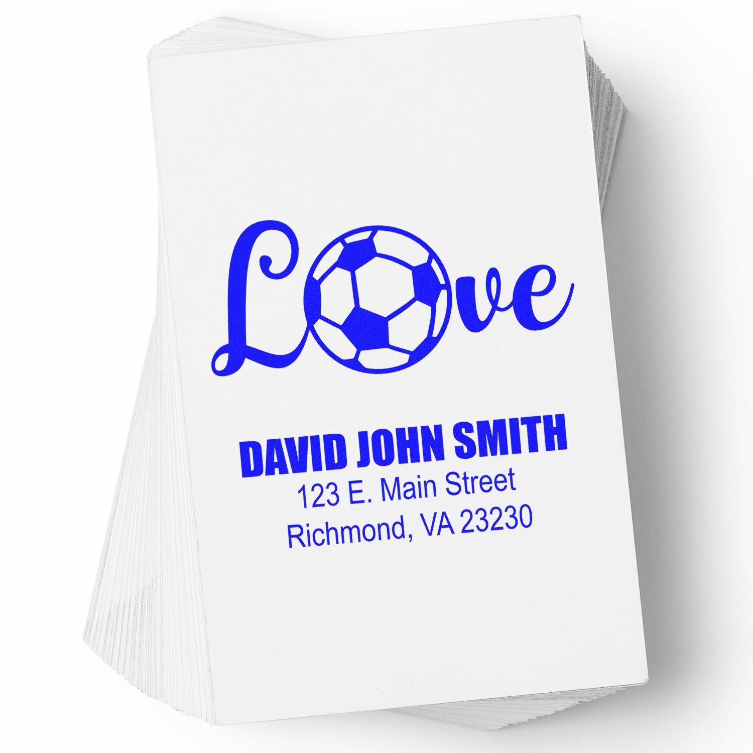 Custom soccer love rubber stamp design with name and address, featuring a blue sports-themed print on white cards