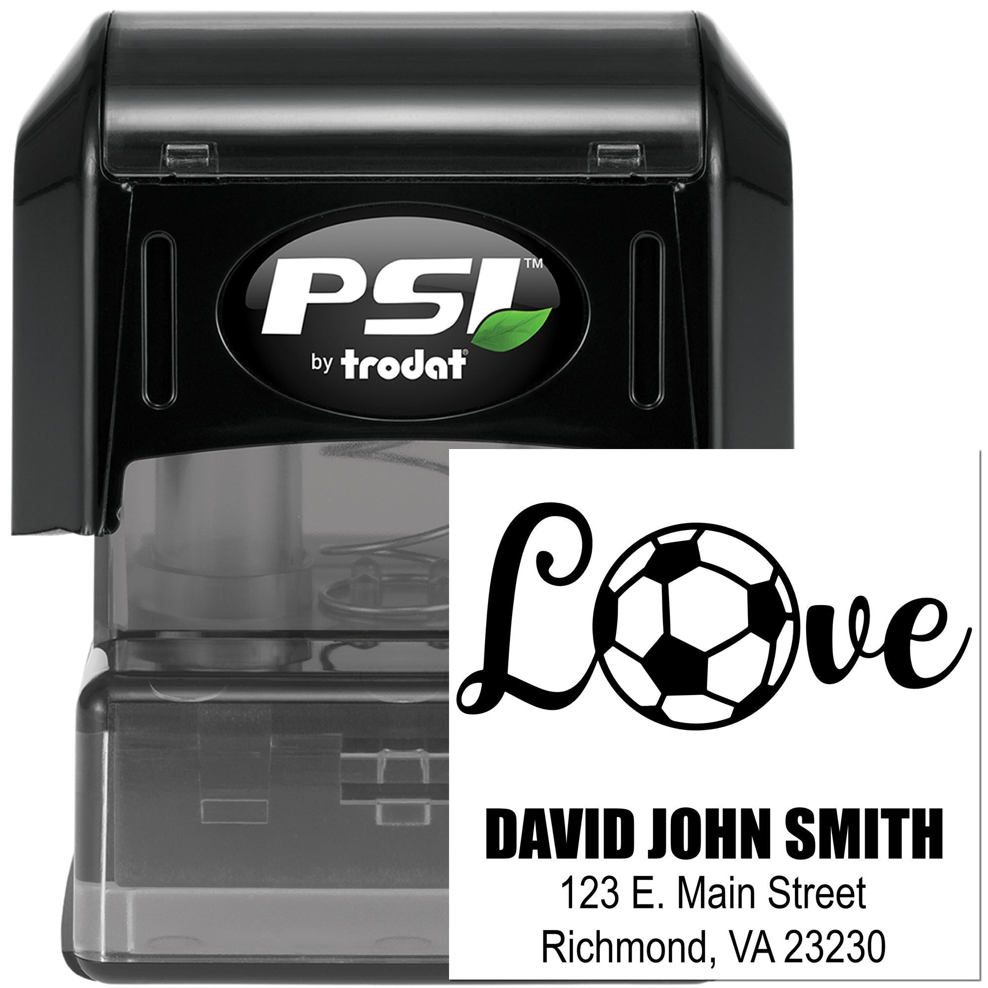 Personalized self-inking rubber return address stamp with Love soccer design by PSI Trodat.