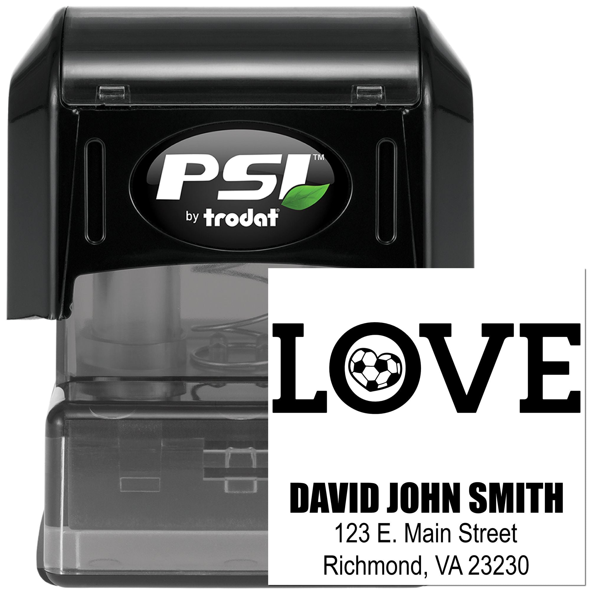 Custom PSI by Trodat self-inking rubber stamp with LOVE design and return address for personalized mail use