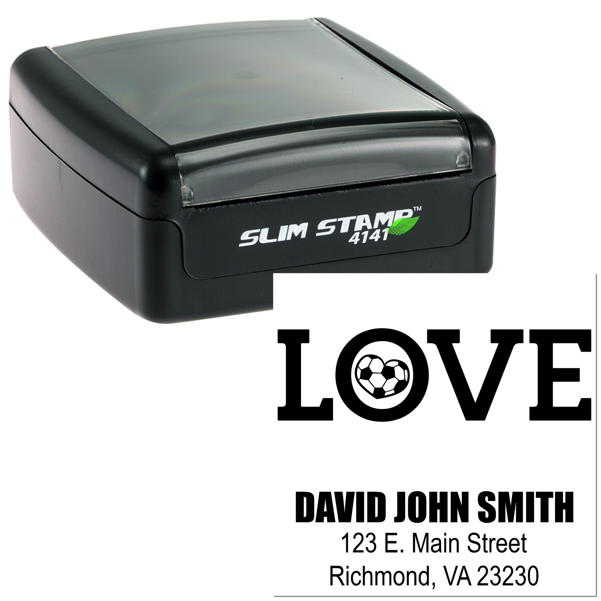 Custom self-inking rubber stamp with soccer LOVE design and personalized name and address imprint.
