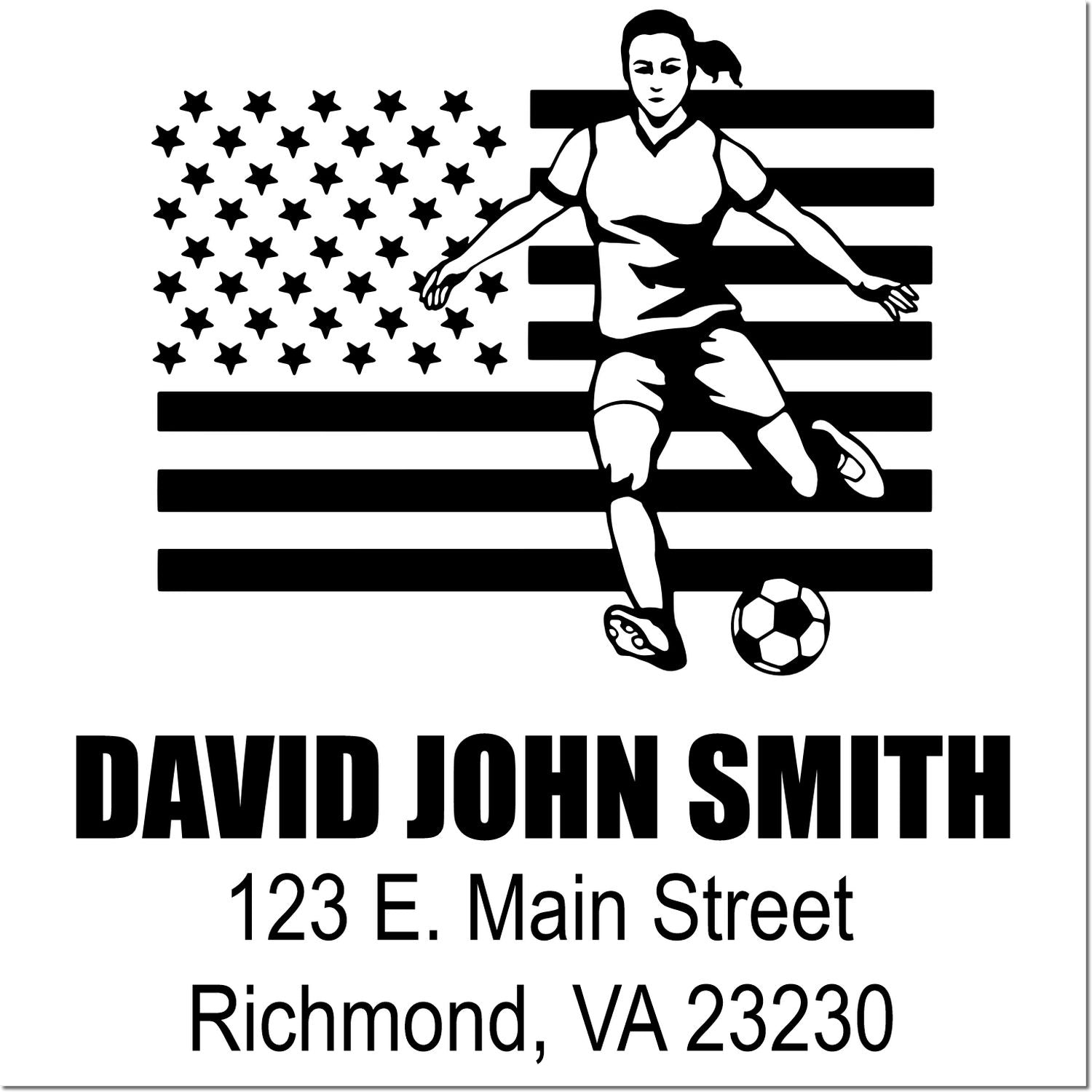 Custom rubber stamp design of soccer player over U.S. flag with personalized name and address for David John Smith, Richmond, VA 23230.
