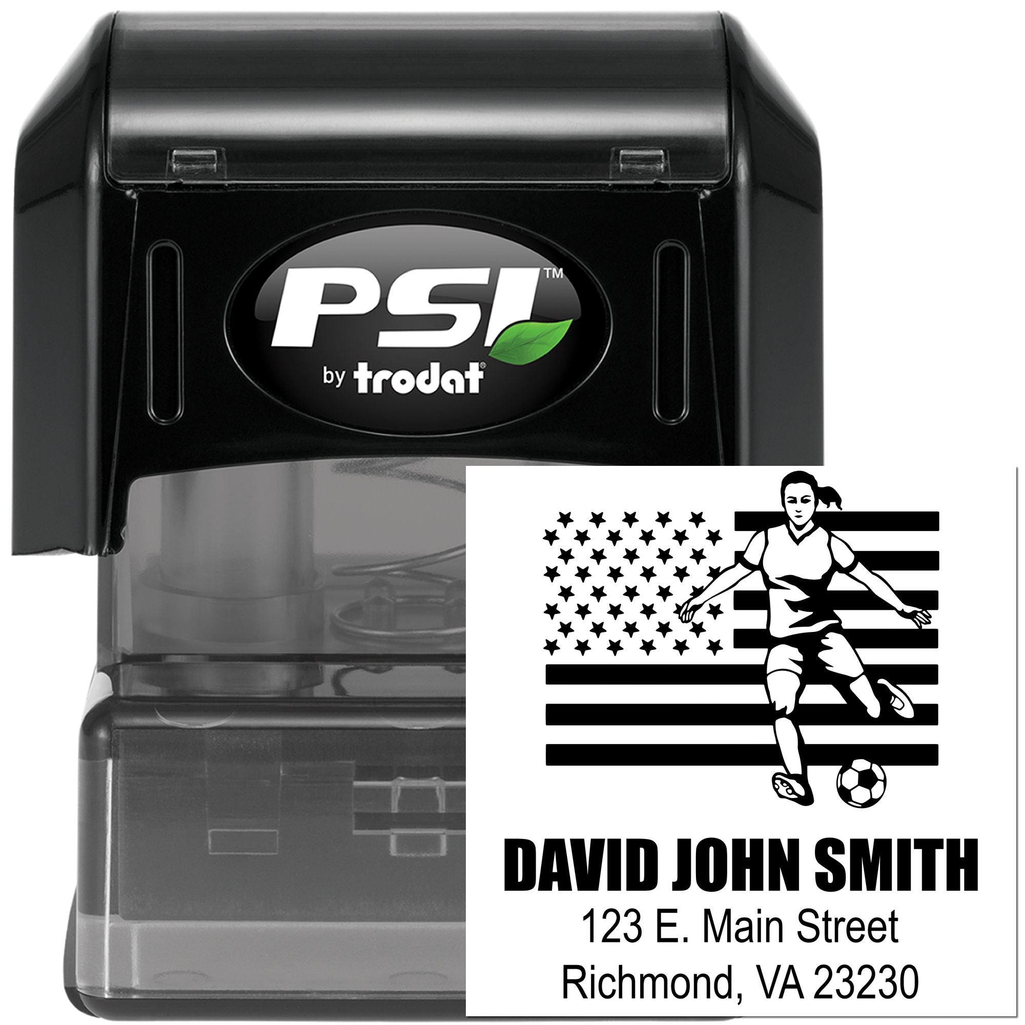 PSI by Trodat self-inking custom return address stamp with soccer player design for personalized rubber stamping.