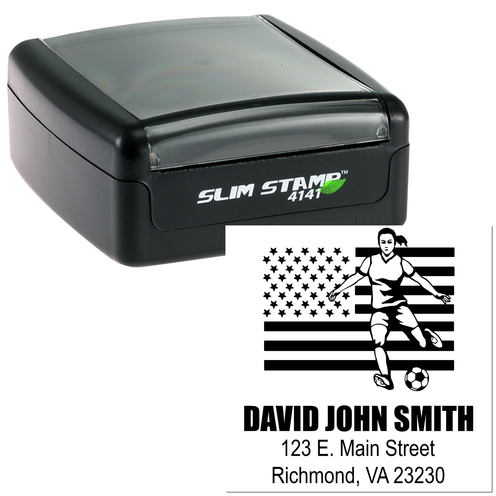 Custom self-inking rubber stamp with soccer player design and name/address imprint for personalized business or sports use.