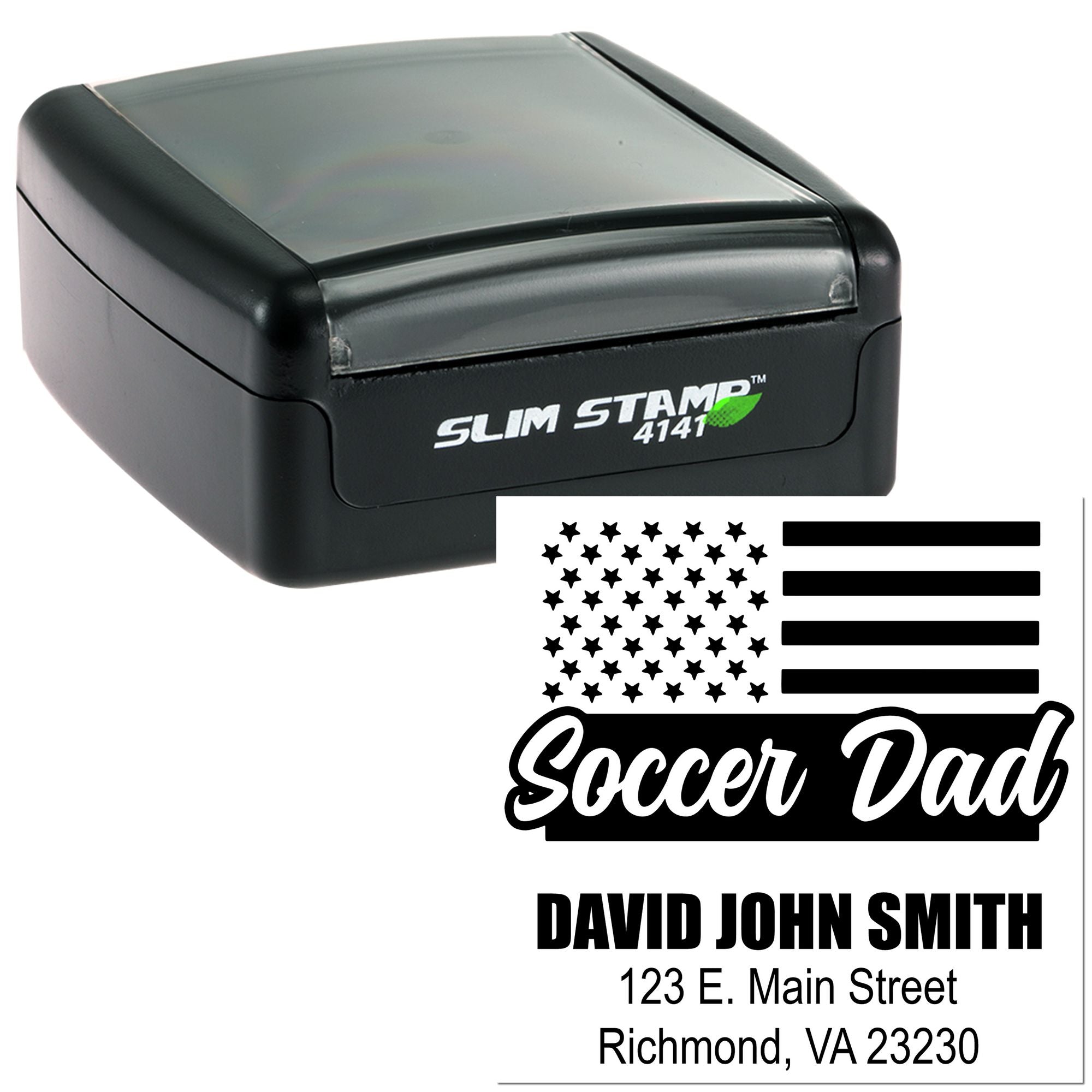 Custom self-inking rubber stamp for soccer dad with USA flag design, personalized with David John Smith and Richmond, VA address.