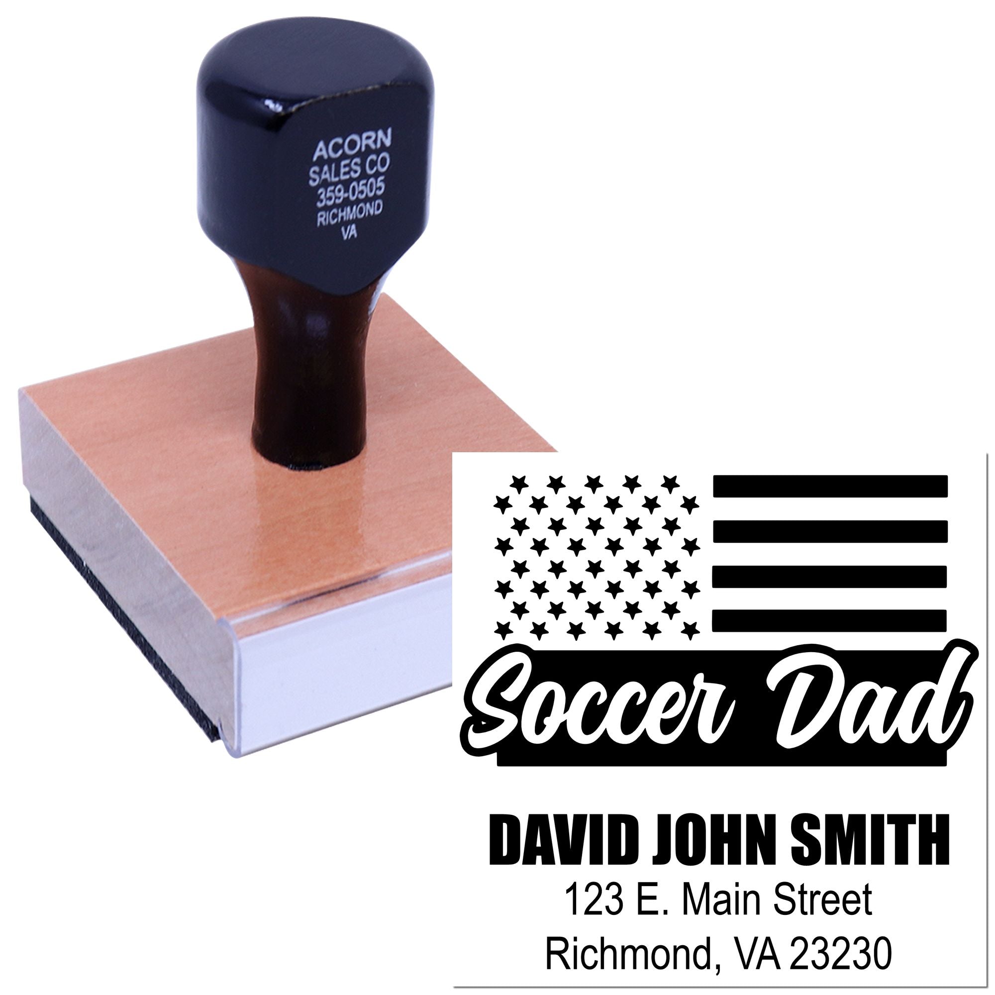 Custom Soccer Dad address rubber stamp with American flag design, perfect for personalized mail and Father's Day gifts.