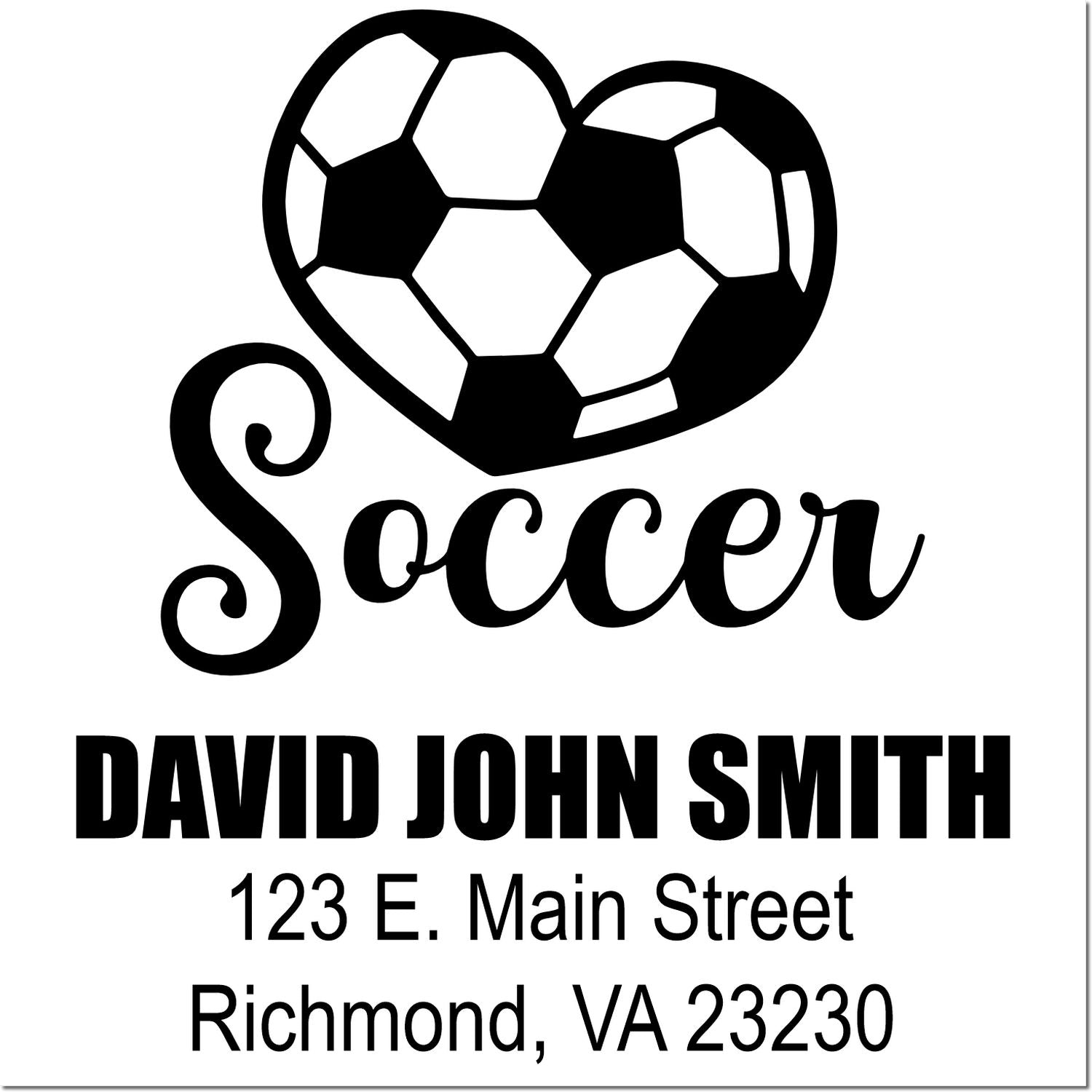 Custom soccer return address rubber stamp with heart soccer ball design for personalized sports mailing labels.