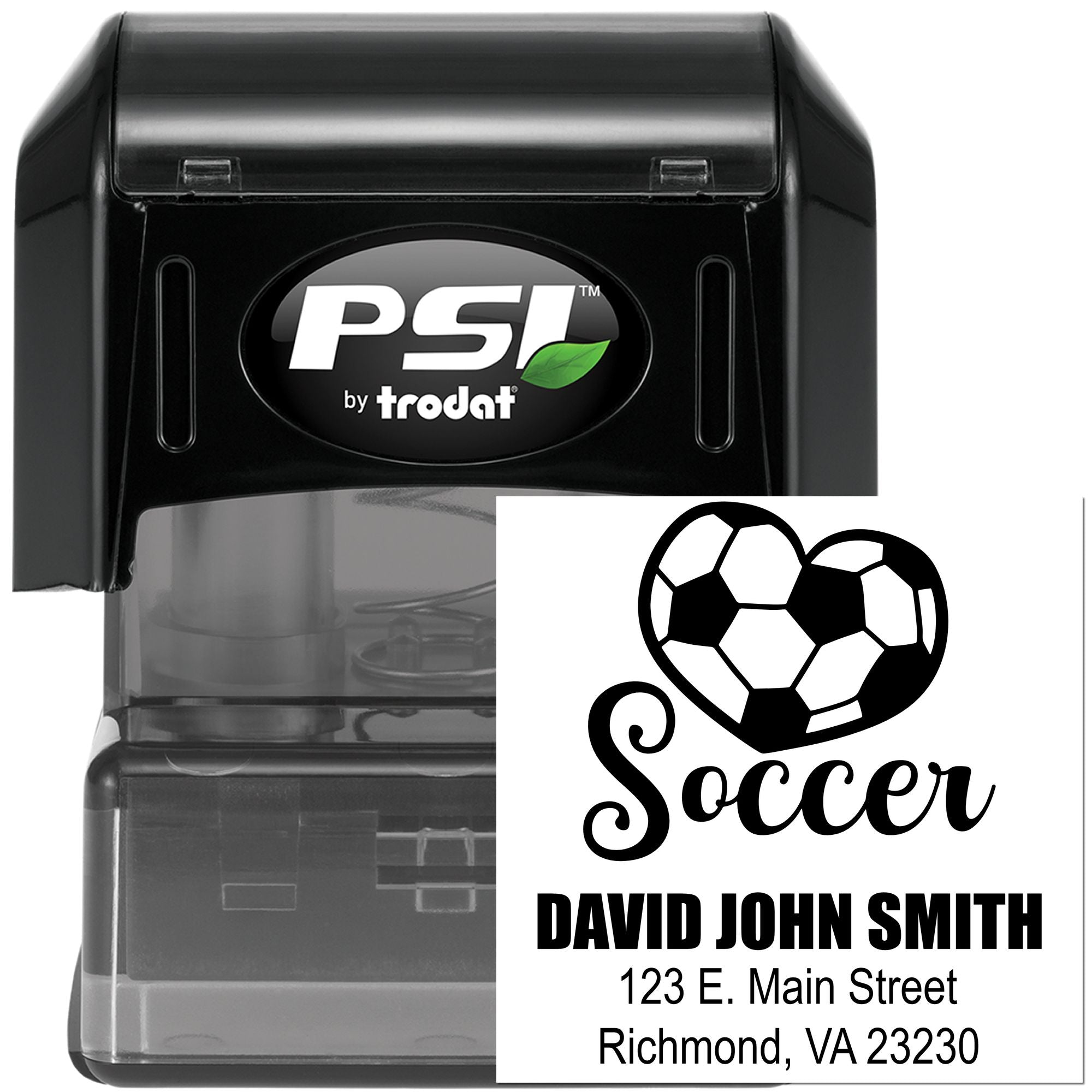 Custom soccer self-inking address rubber stamp by PSI Trodat for personalized sports-themed mailing.