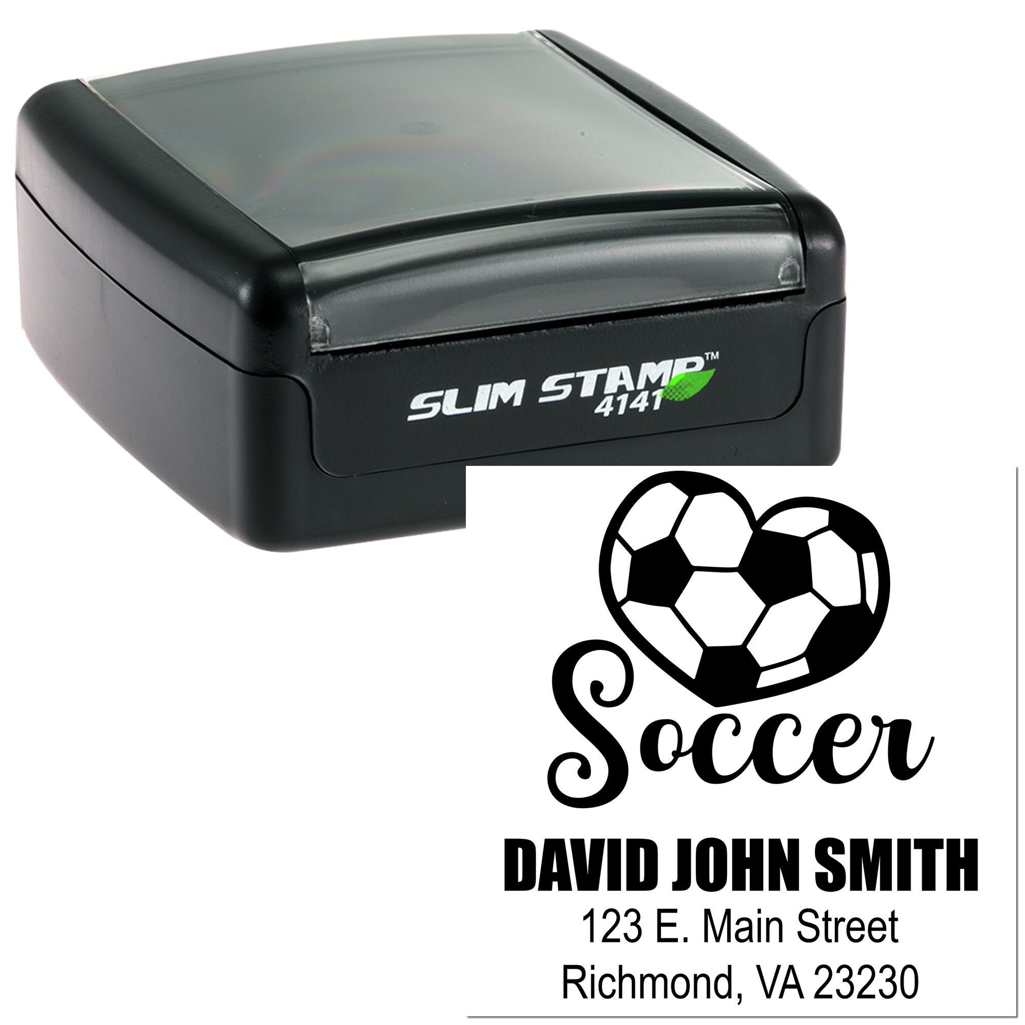 Custom self-inking rubber stamp with soccer logo, name, and address for personalized return address or business use.
