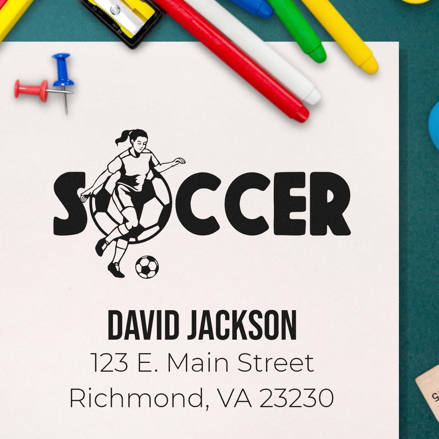 Custom soccer rubber stamp with player design and personalized return address for David Jackson, Richmond, VA 23230.